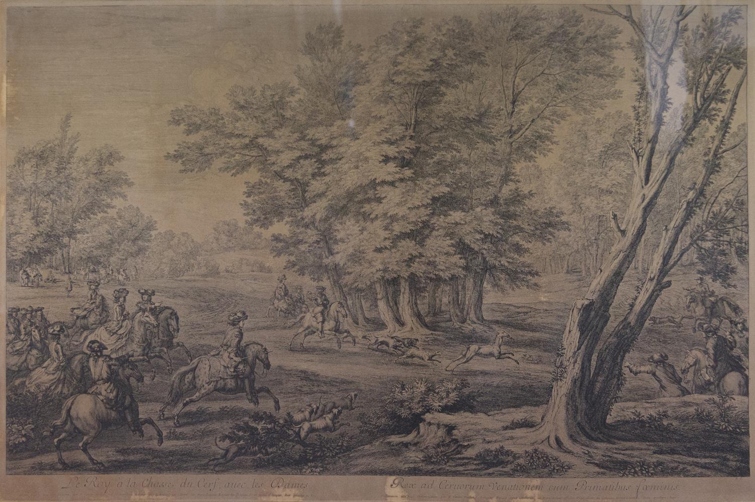 A Pair of French Engravings Height 20 3/4 x width 32 inches.