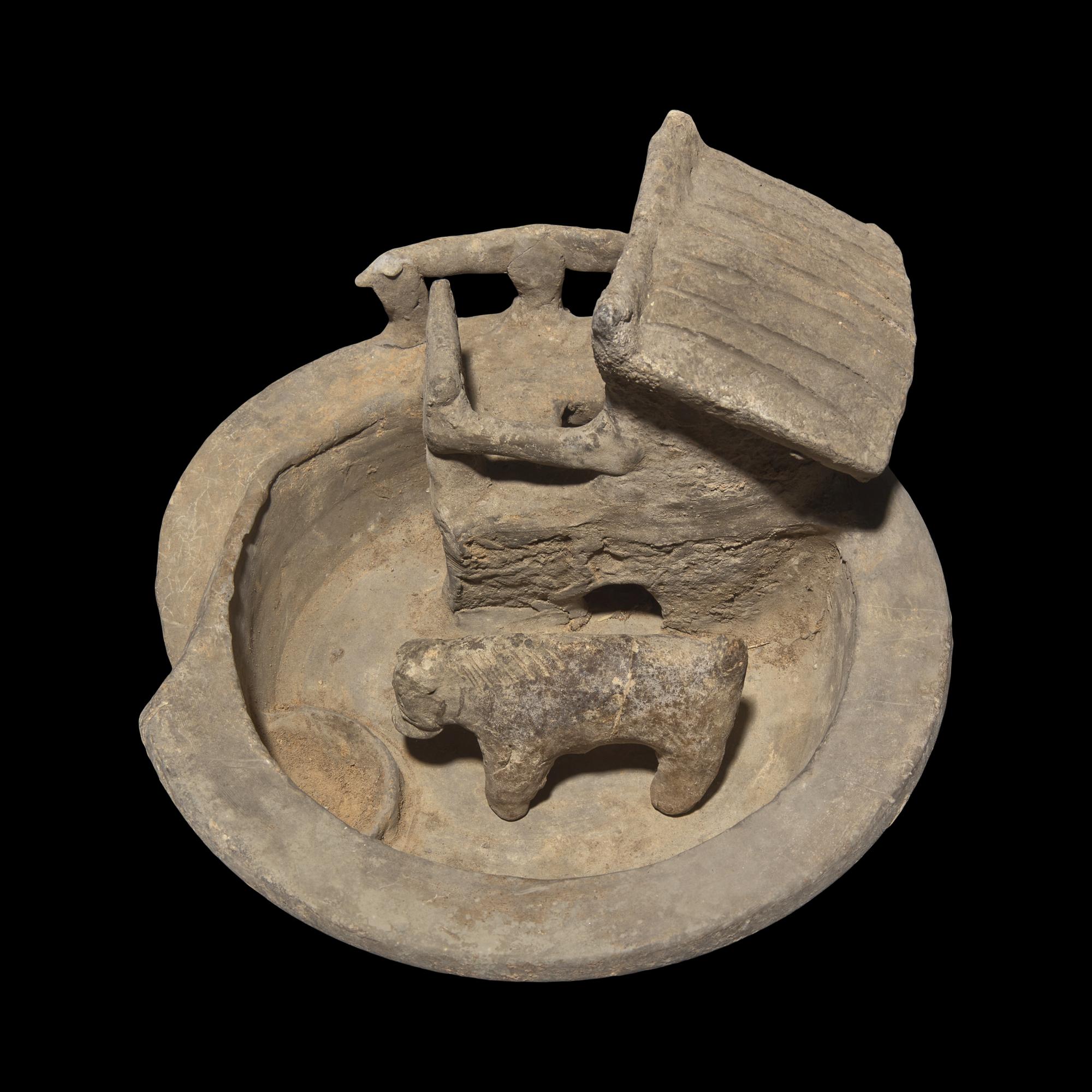 A Chinese Grey Pottery Model of a Pigsty with Occupant, Han Dynasty 漢 陶豬圈