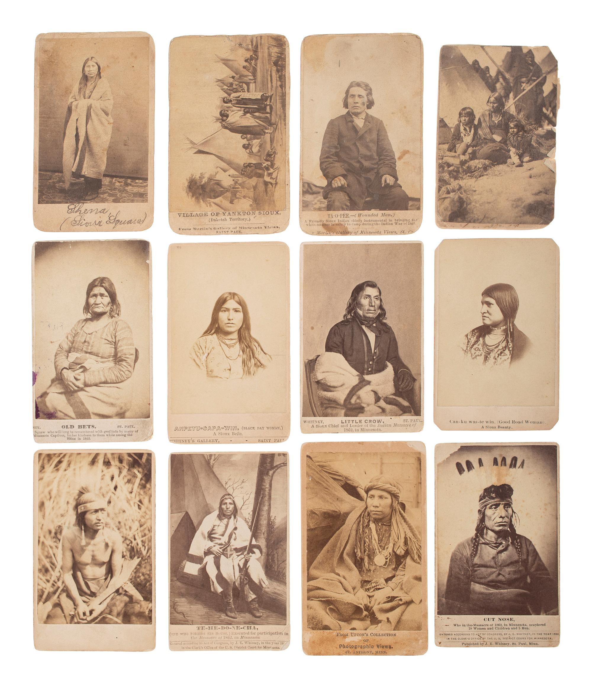[NATIVE AMERICANS]. Album containing CDVs of Sioux involved in the 1862 Dakota Uprising in Minnesota containing photographs by Joel Whitney, B.F. Upton, and Martin's Gallery of St. Paul, MN.