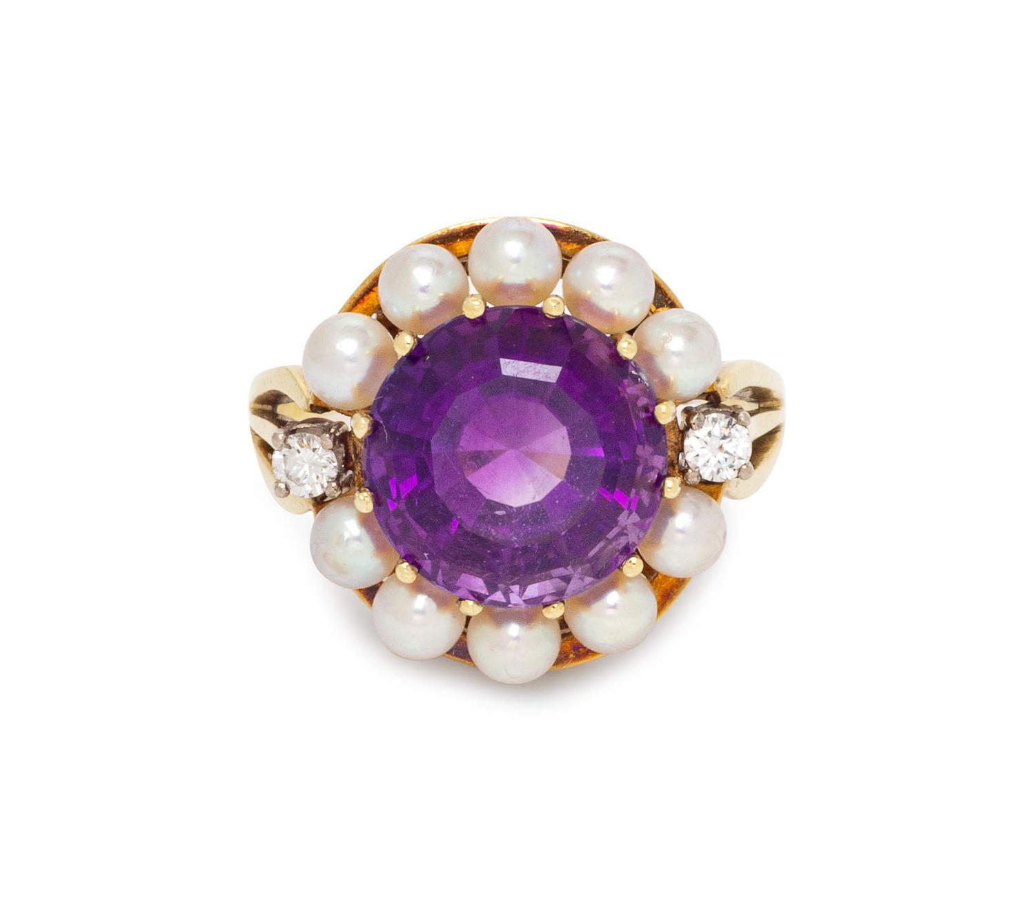 A 14 Karat Yellow Gold, Amethyst, Cultured Pearl and Diamond Ring,
