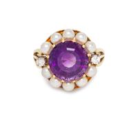 A 14 Karat Yellow Gold, Amethyst, Cultured Pearl and Diamond Ring,