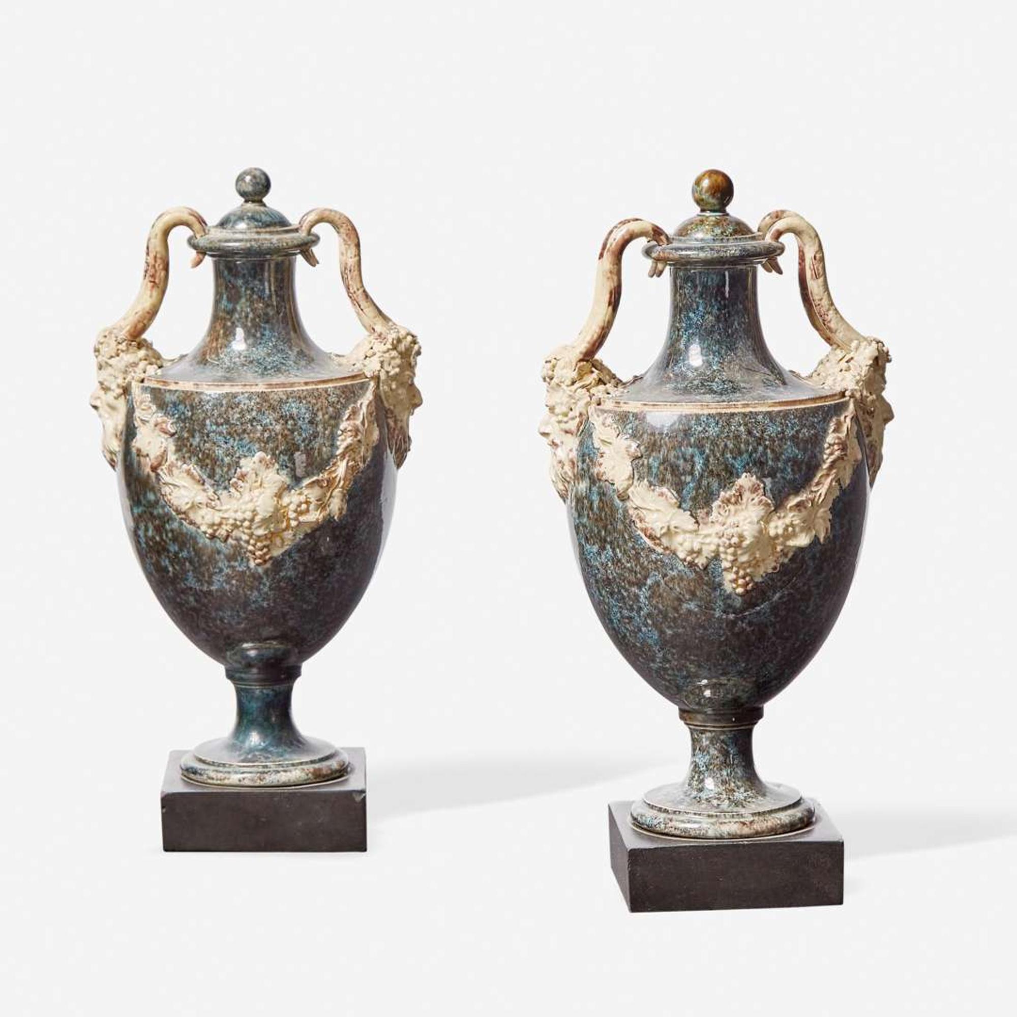 A Pair of Wedgwood & Bentley Variegated Ware Vases and Covers UK, 1770s