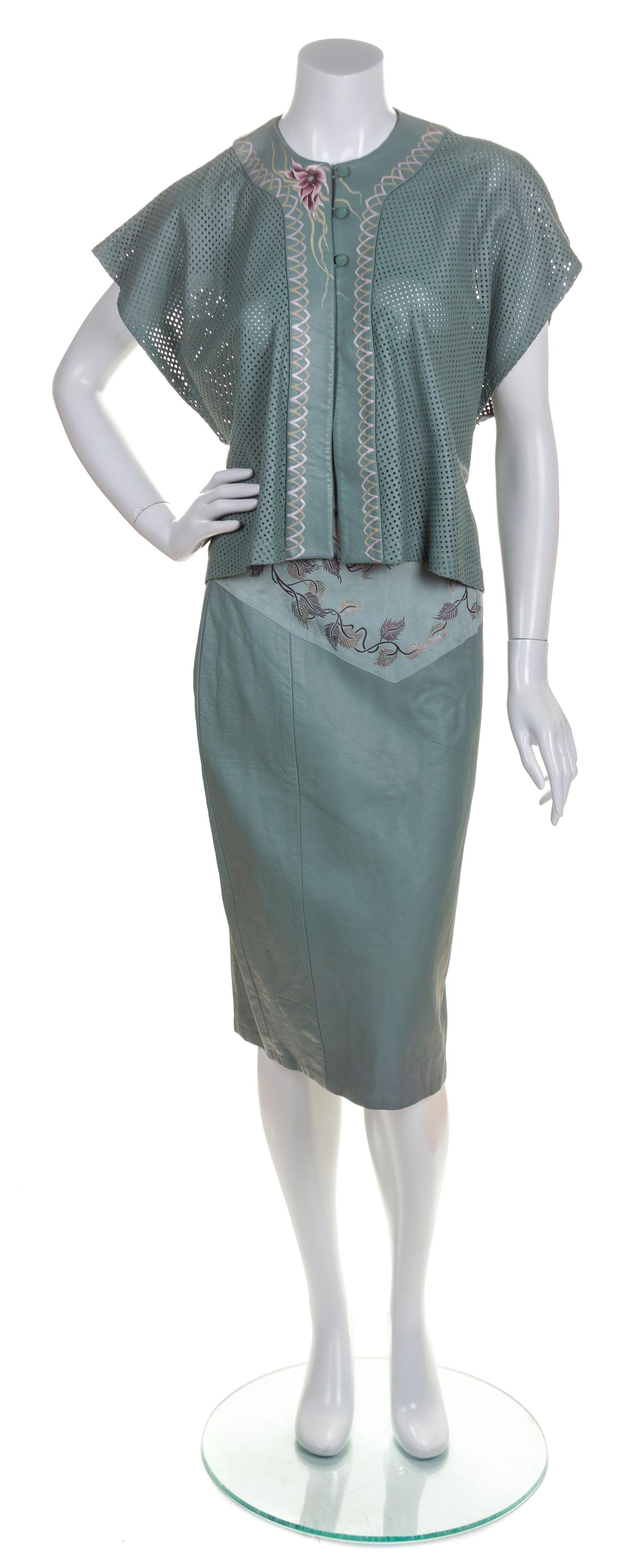 A Grass Orchids Green Leather Skirt Ensemble, Top size M, skirt size 8.