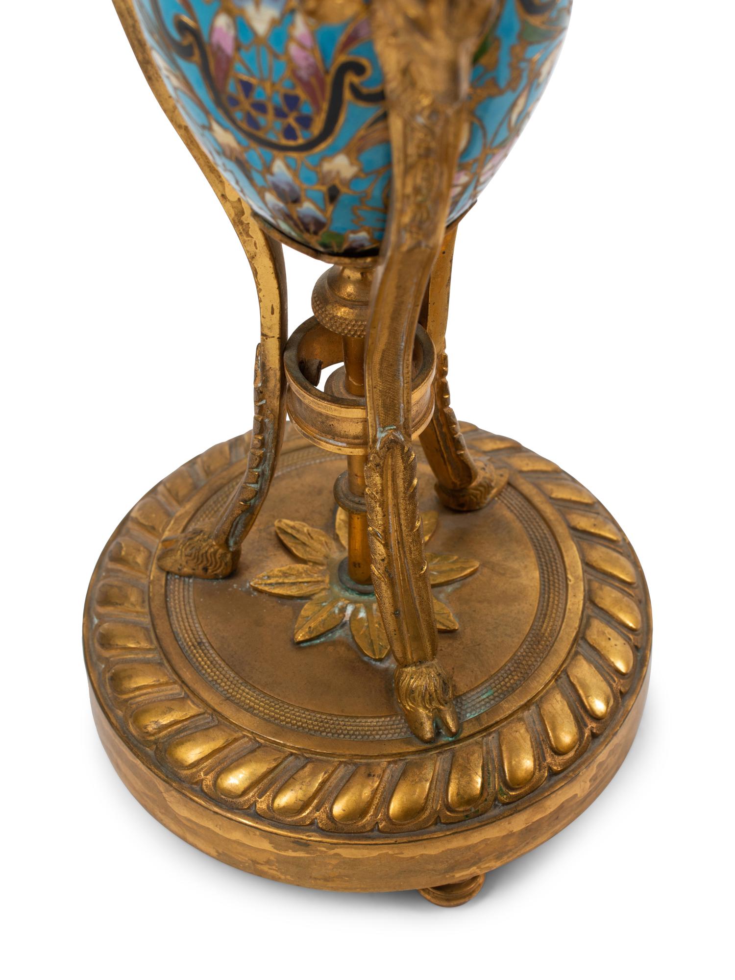 A Pair of Louis XVI Style Gilt Bronze Mounted Champlevé Cassolettes