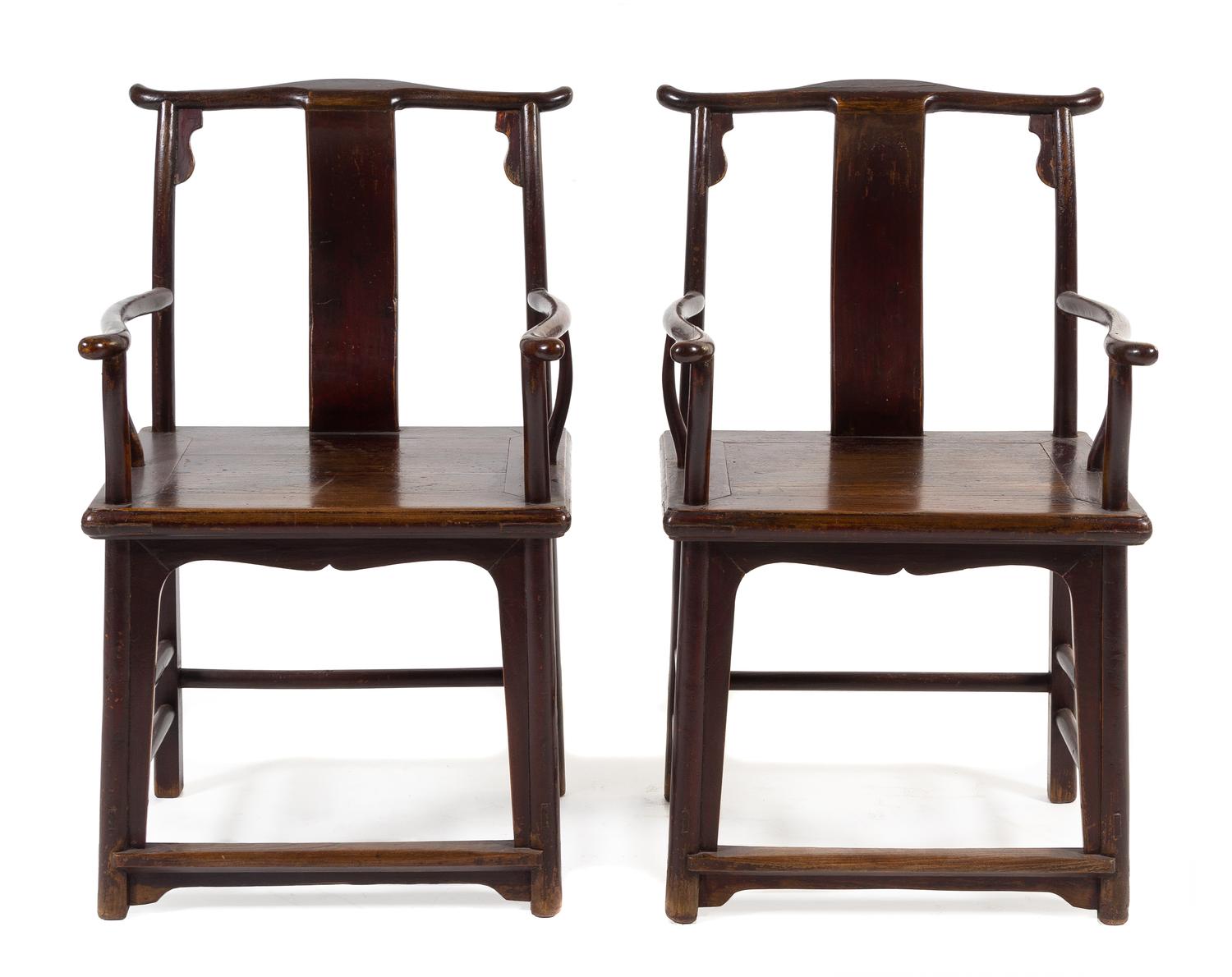 A Pair of Chinese Lacquered Elmwood Official's Hat Armchais, Sichutouguanmaoyi Height 38 x depth 17 1/2 inches. — LATE QING DYNASTY