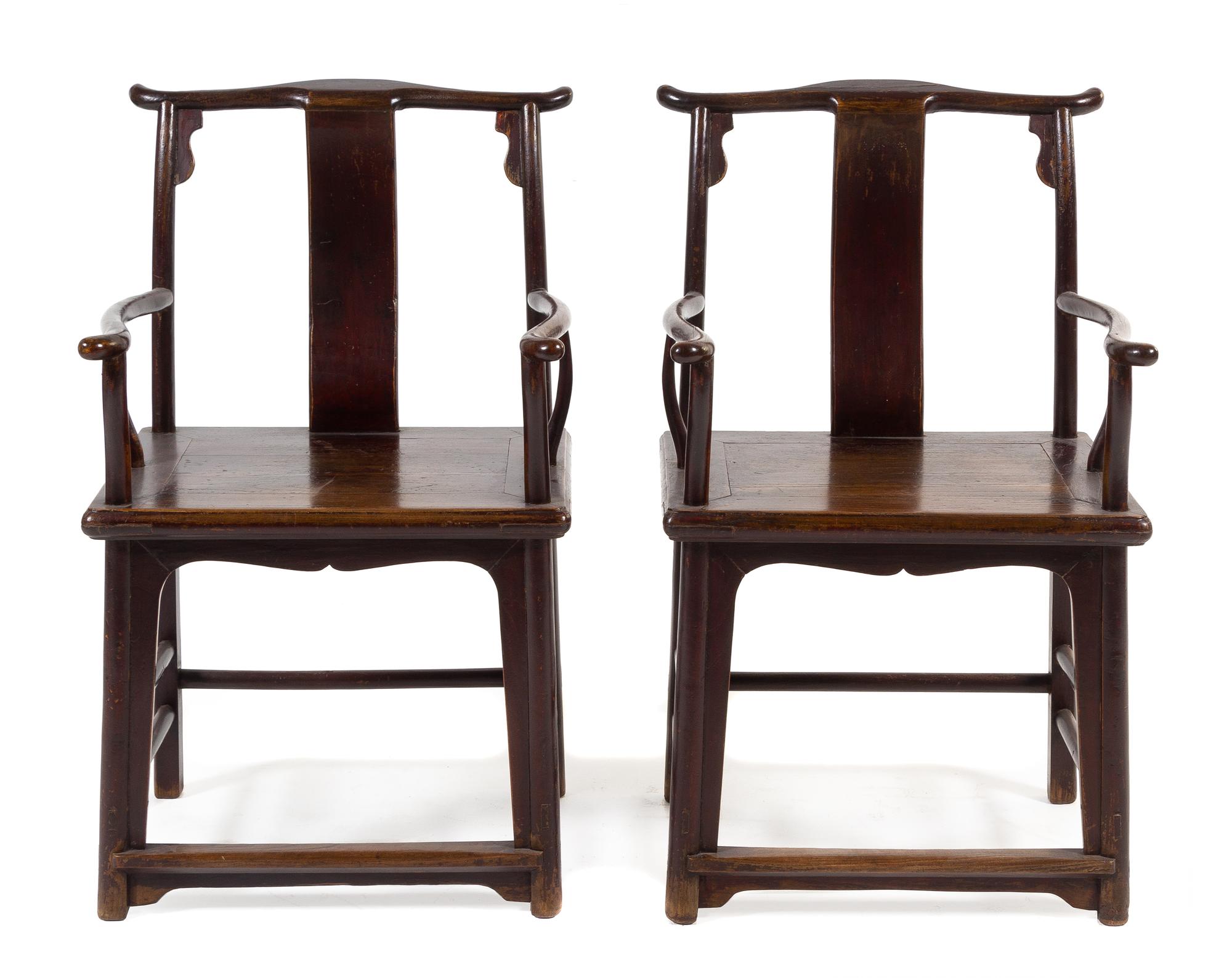 A Pair of Chinese Lacquered Elmwood Official's Hat Armchais, Sichutouguanmaoyi Height 38 x depth 17 1/2 inches. — LATE QING DYNASTY