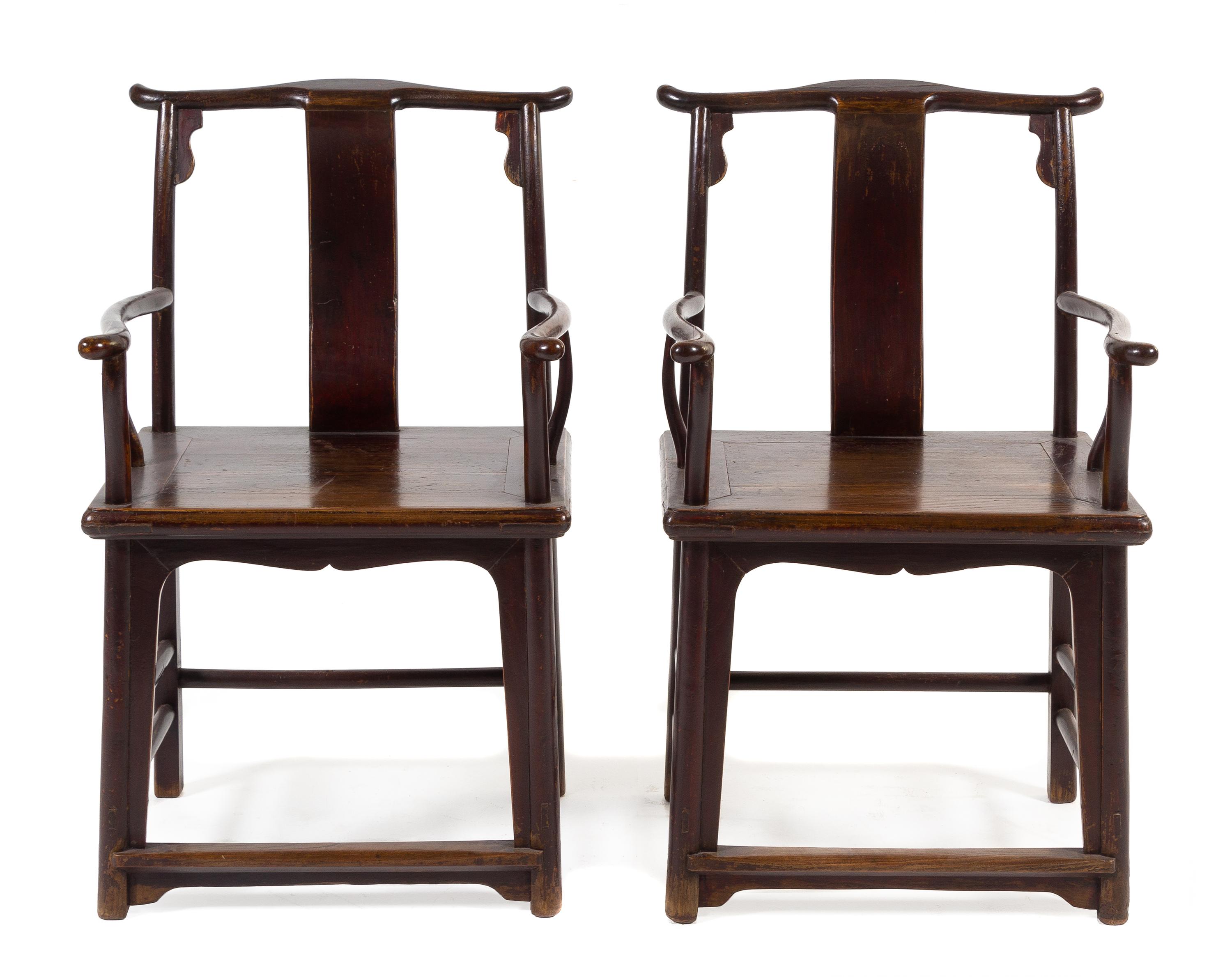 A Pair of Chinese Lacquered Elmwood Official's Hat Armchais, Sichutouguanmaoyi Height 38 x depth 17 1/2 inches. — LATE QING DYNASTY