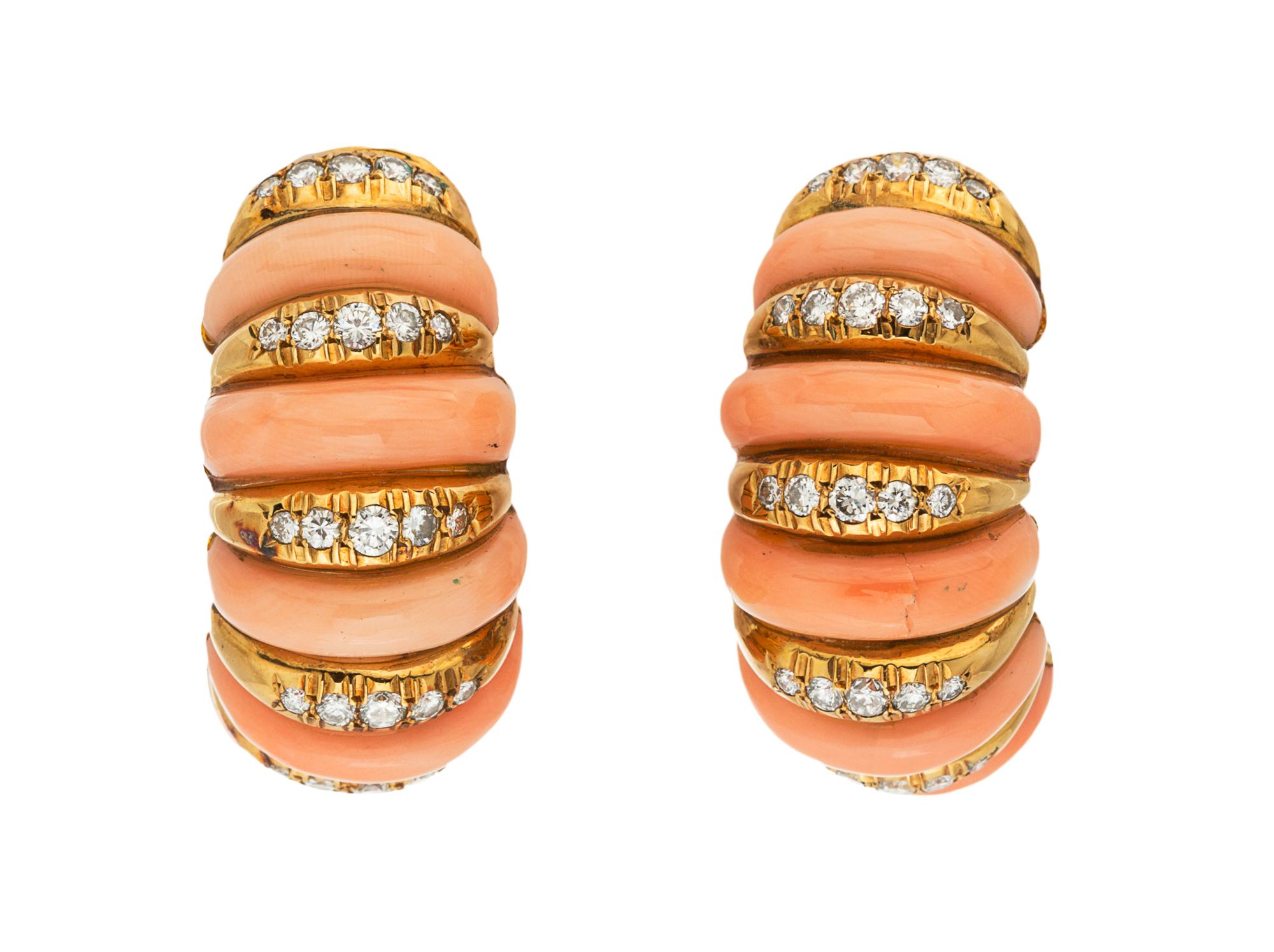 A Pair of 18 Karat Yellow Gold, Coral and Diamond Earclips, Van Cleef & Arpels, 17.50 dwts.