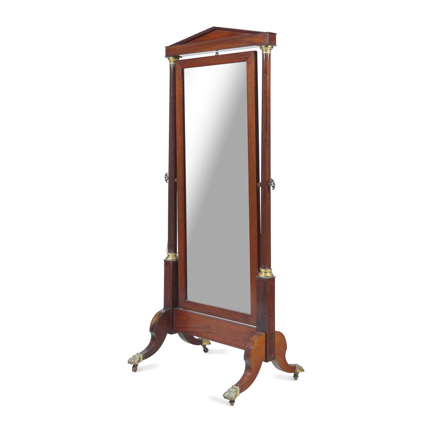 A Regency Mahogany and Brass-Inlaid Cheval Mirror