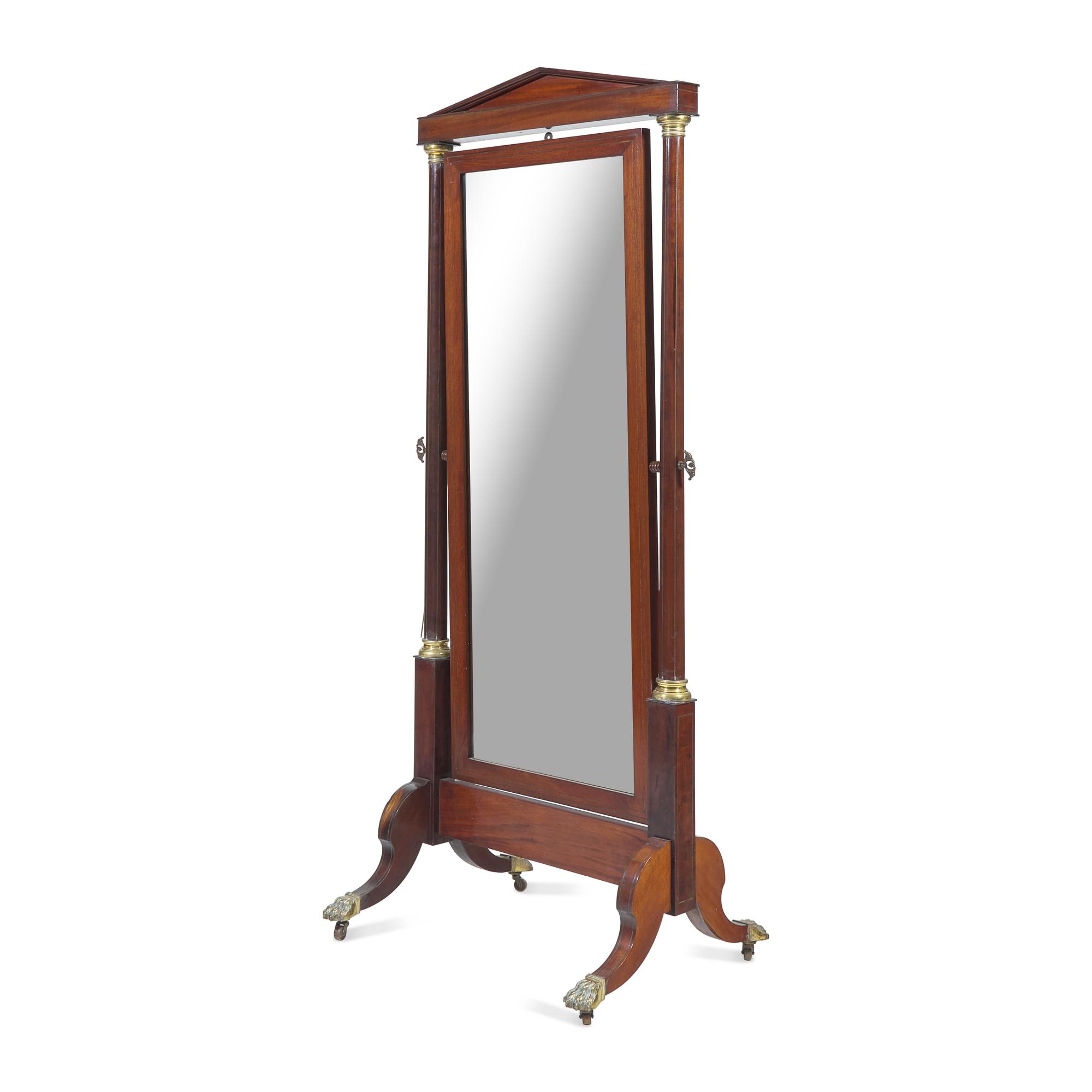 A Regency Mahogany and Brass-Inlaid Cheval Mirror