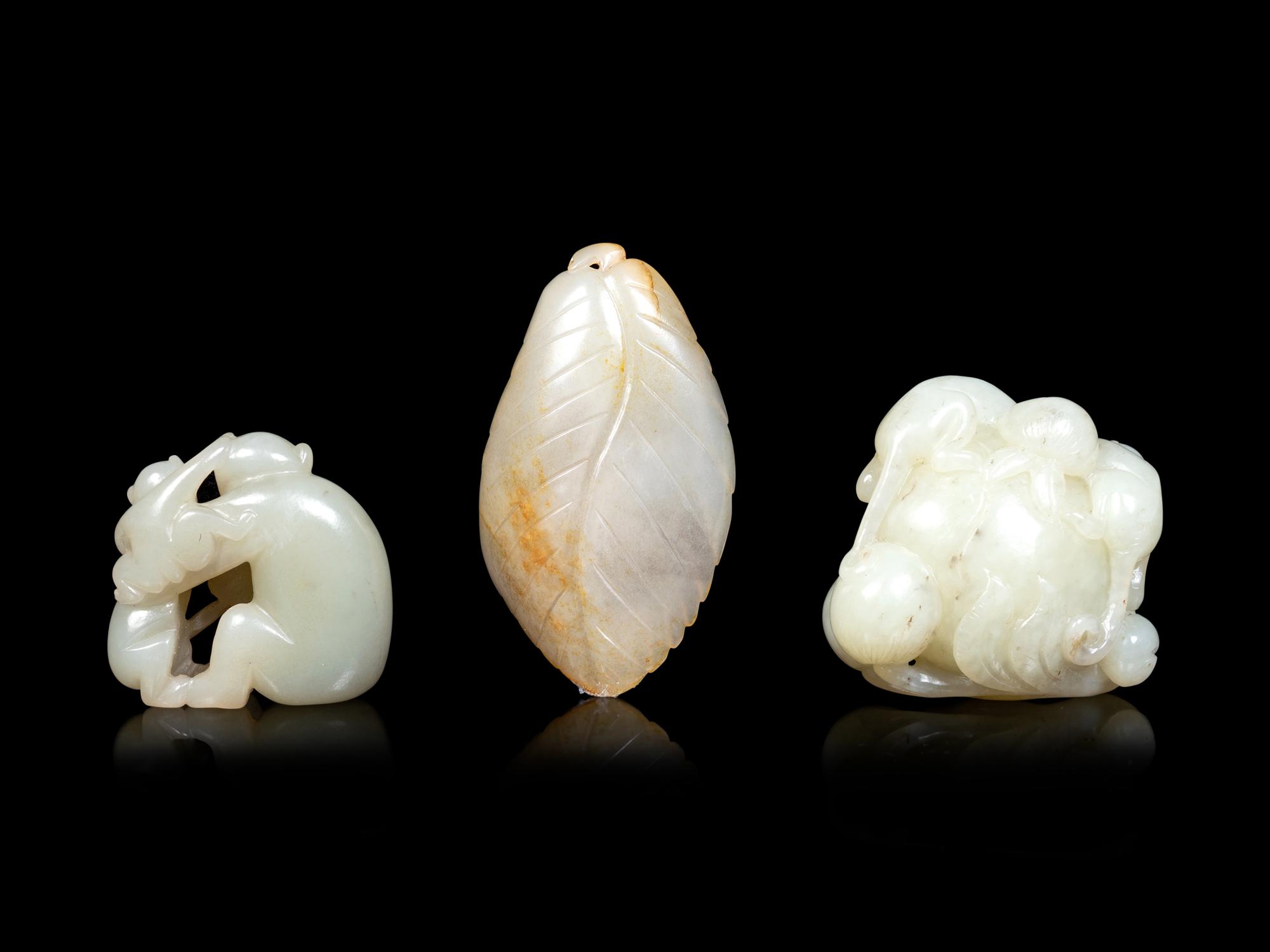 Three Chinese Celadon Jade Carvings of Monkeys