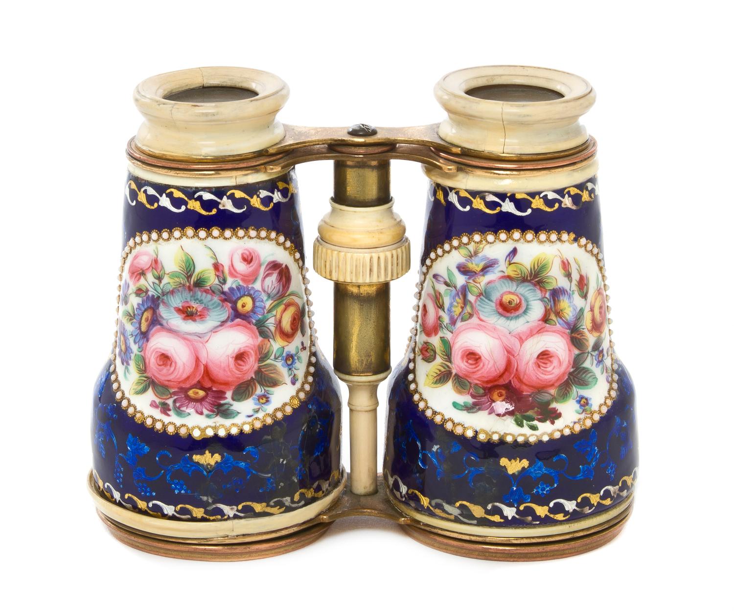 A Pair of French Enameled and Ivory Inset Opera Glasses, Width 4 3/4 inches.