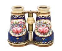 A Pair of French Enameled and Ivory Inset Opera Glasses, Width 4 3/4 inches.