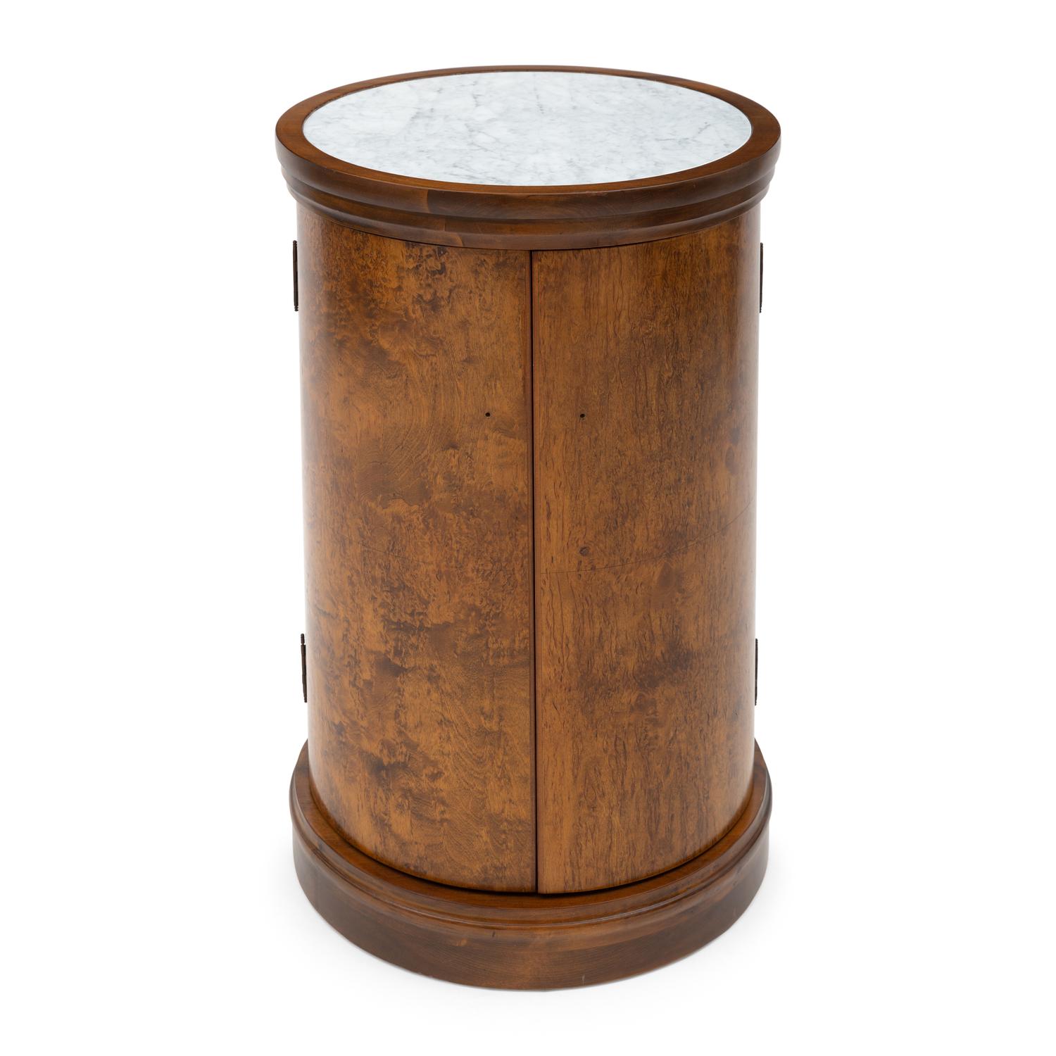 A Burlwood and Marble-Top Pedestal Cabinet