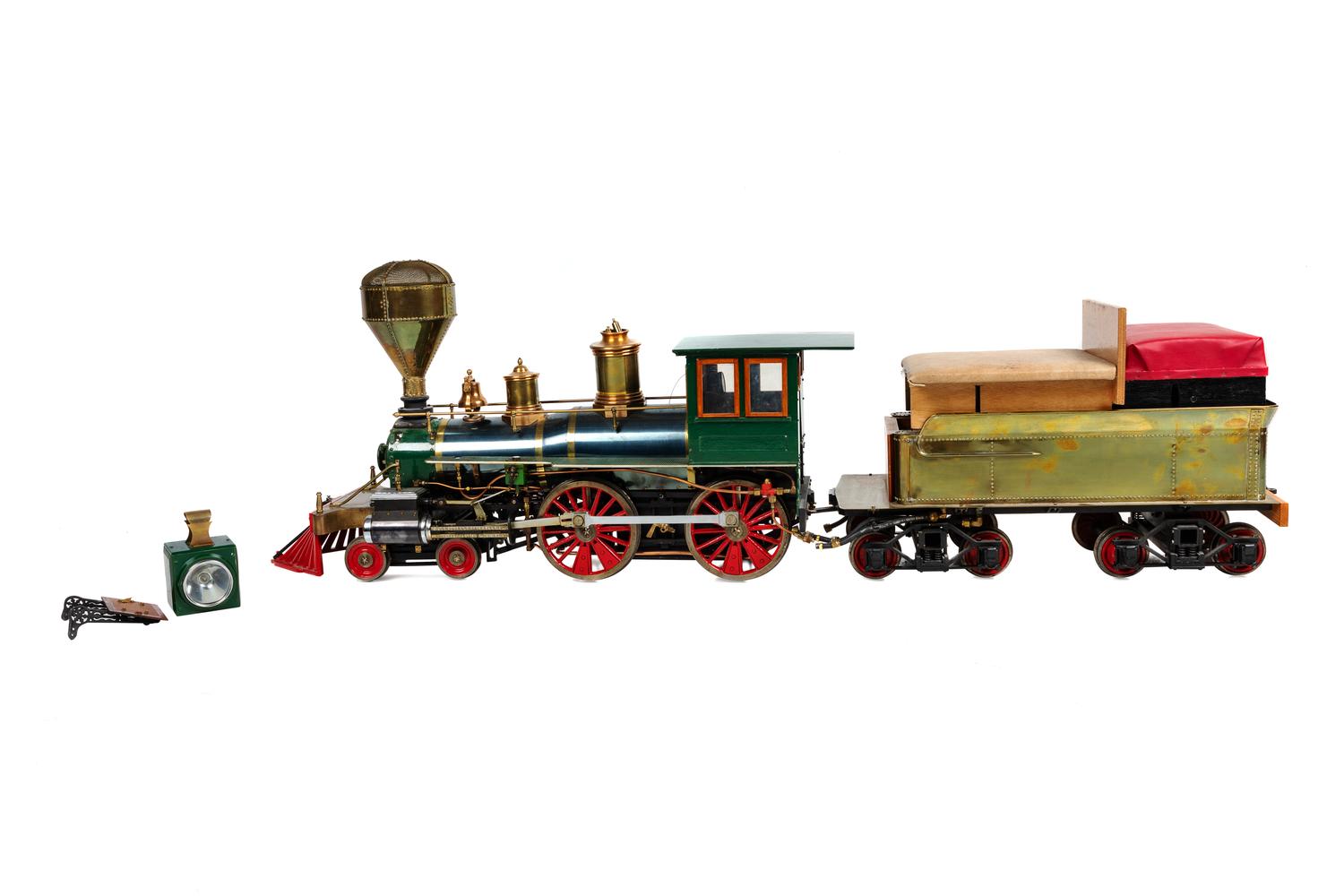 A Rare Little Engines Mfg . Painted Metal 7 1/4-Inch Gague Live Steam 4-4-0 American Locomotive and Ride-On Tender