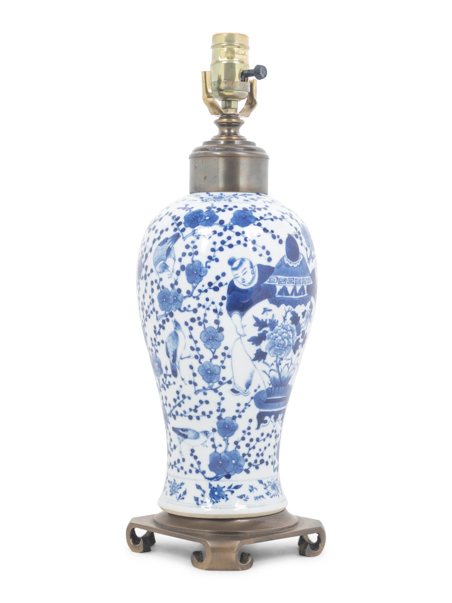 A Blue and White Porcelain Meiping Vase Mounted as a Lamp