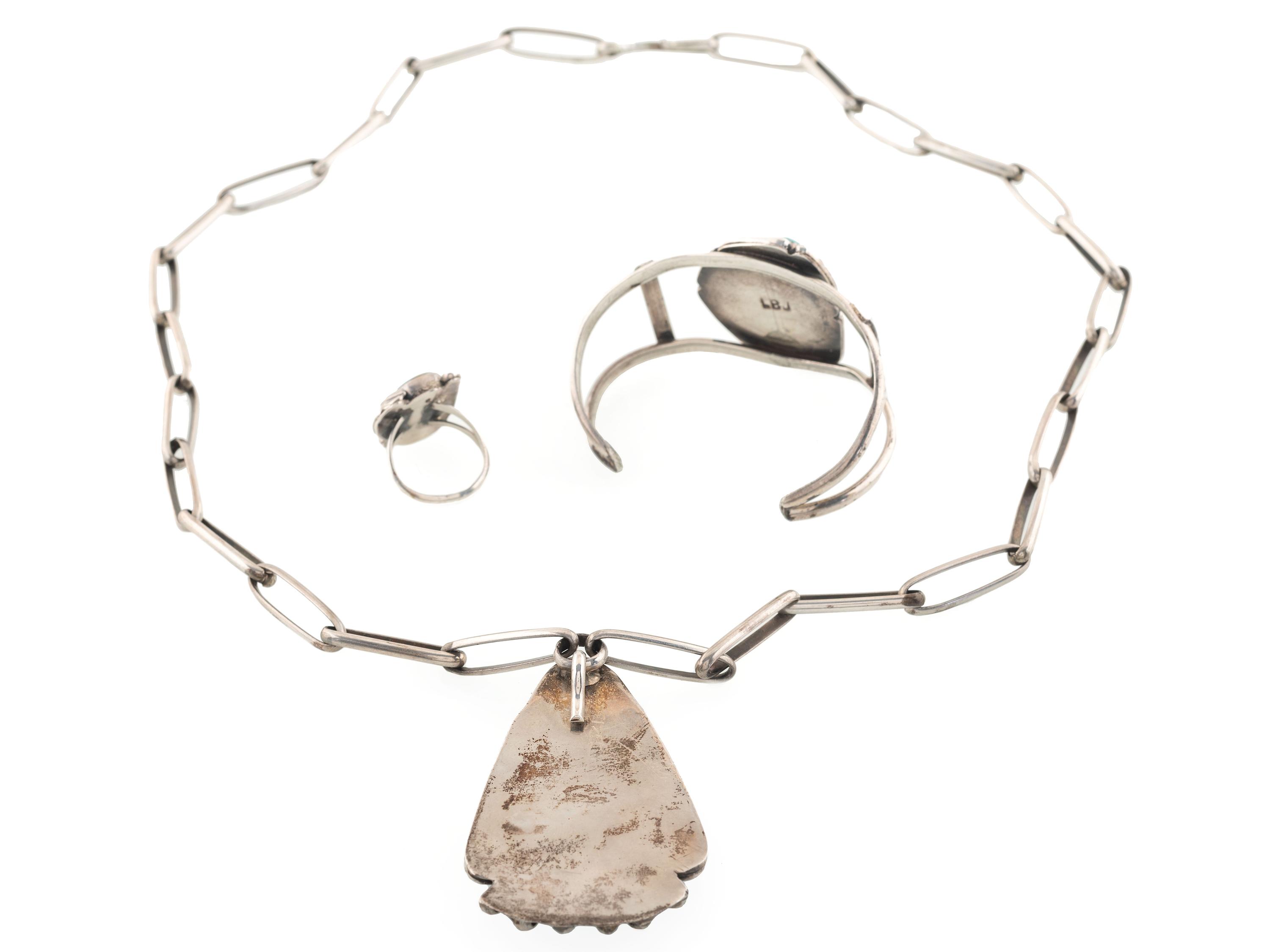 Navajo Silver and Turquoise Necklace, Cuff Bracelet, AND Ring