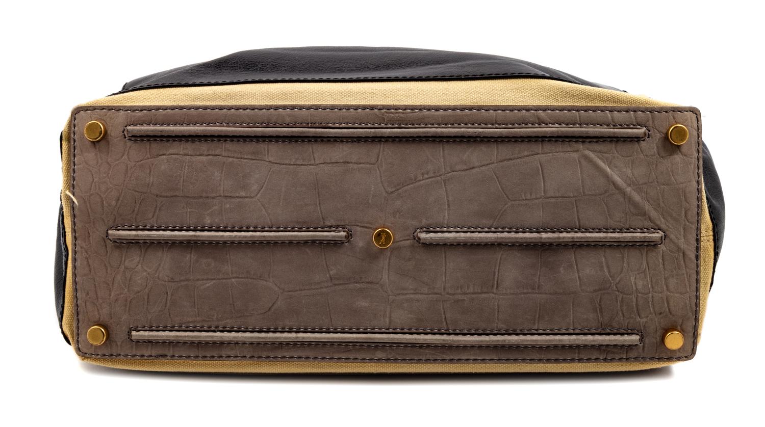 An Yves Saint Laurent Tri-Color Leather and Canvas Muse Bag, 11" H x 14" W x 6" D; Handle drop: 6".