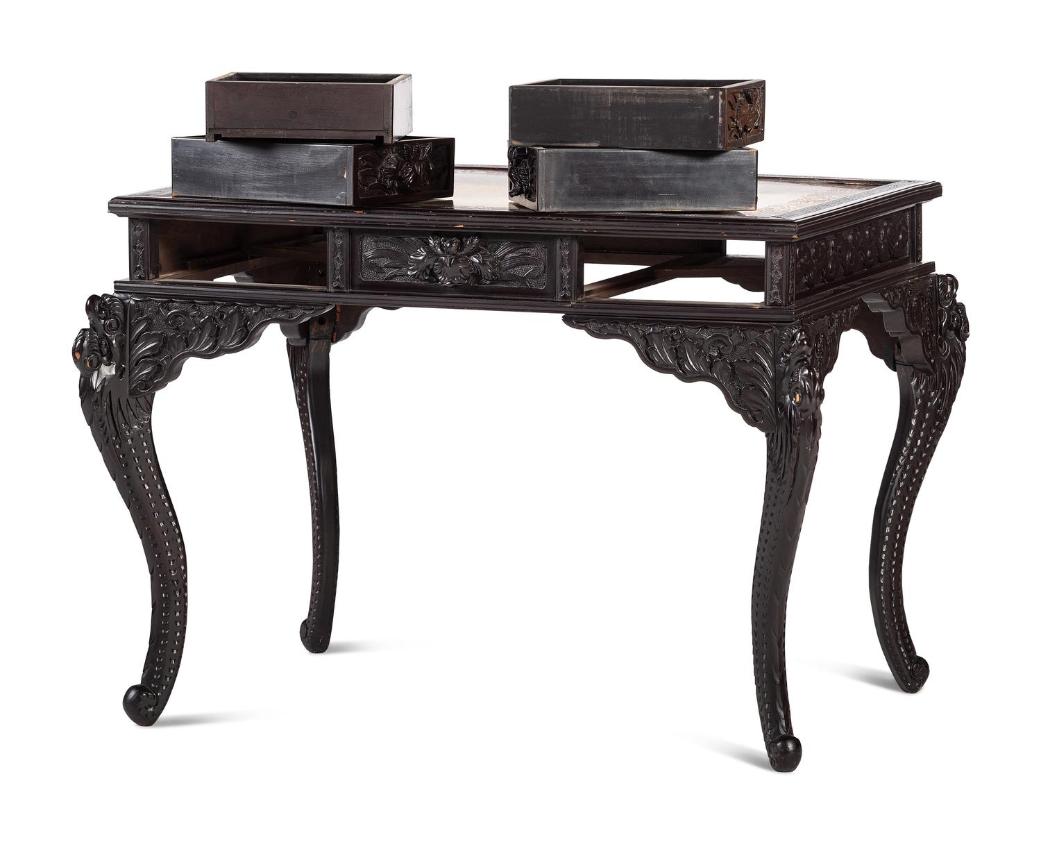 A Japanese Carved and Brass Inset Desk
