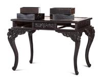 A Japanese Carved and Brass Inset Desk