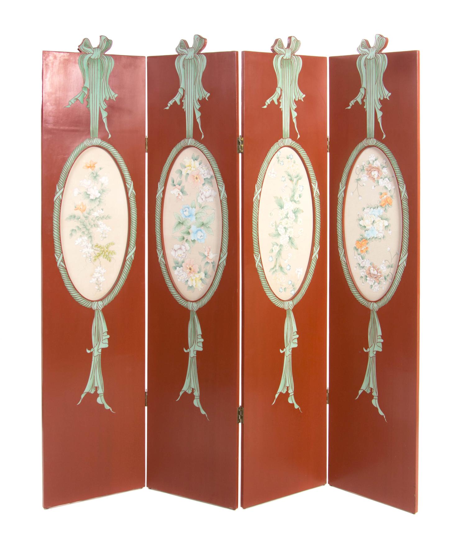 A Lacquered Four-Panel Floor Screen, Height 75 x width 18 inches (each panel).