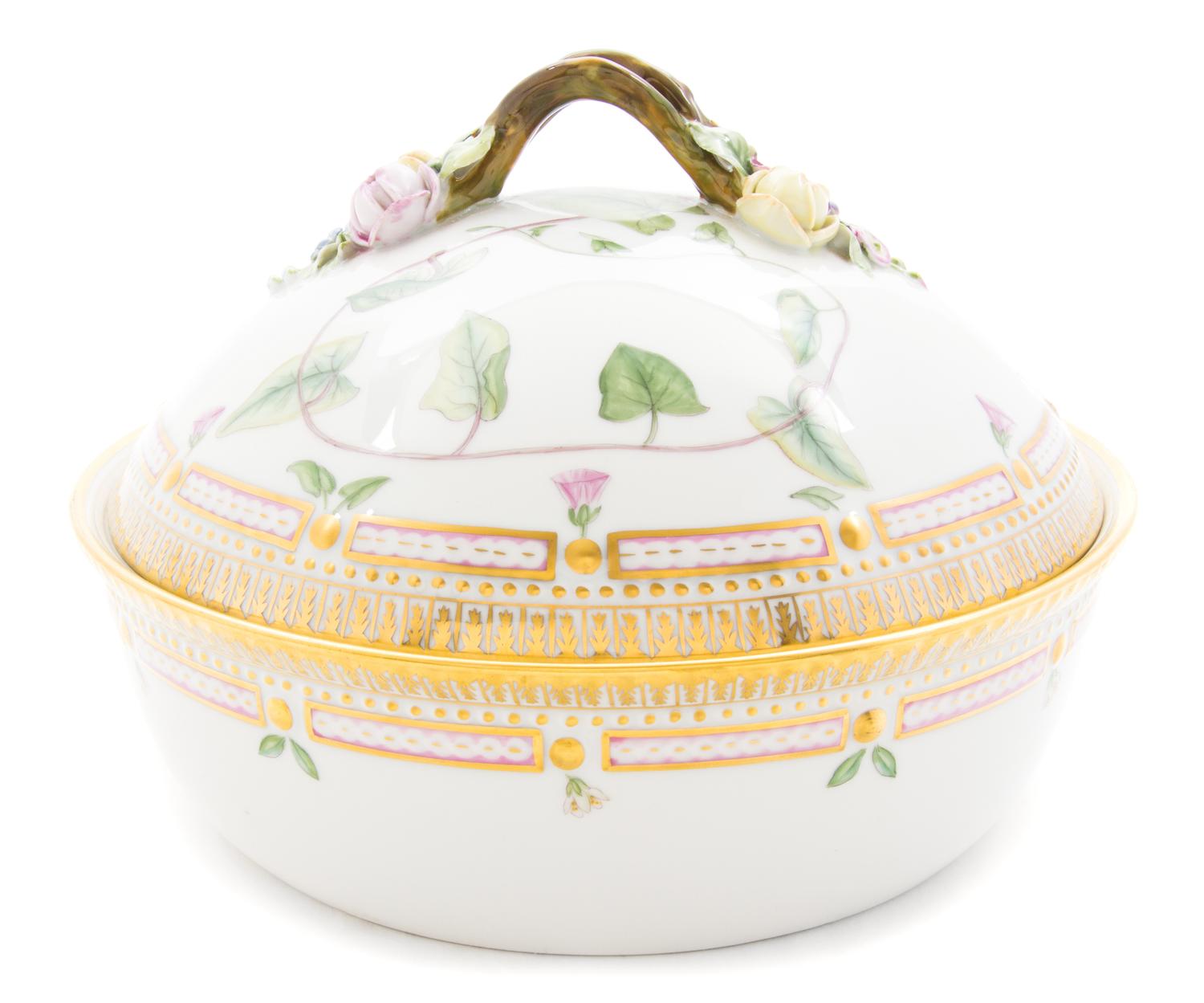 A Royal Copenhagen Flora Danica Covered Vegetable Bowl Height 7 inches x Diameter 9 1/2 inches.
