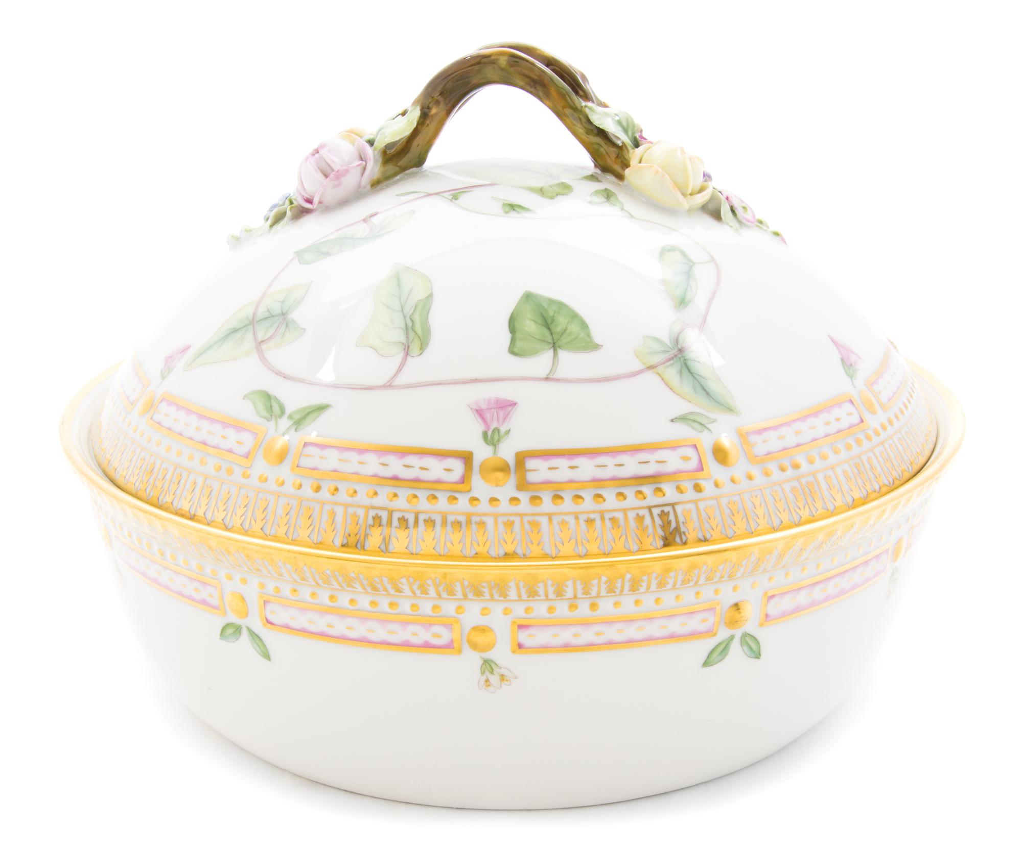 A Royal Copenhagen Flora Danica Covered Vegetable Bowl Height 7 inches x Diameter 9 1/2 inches.