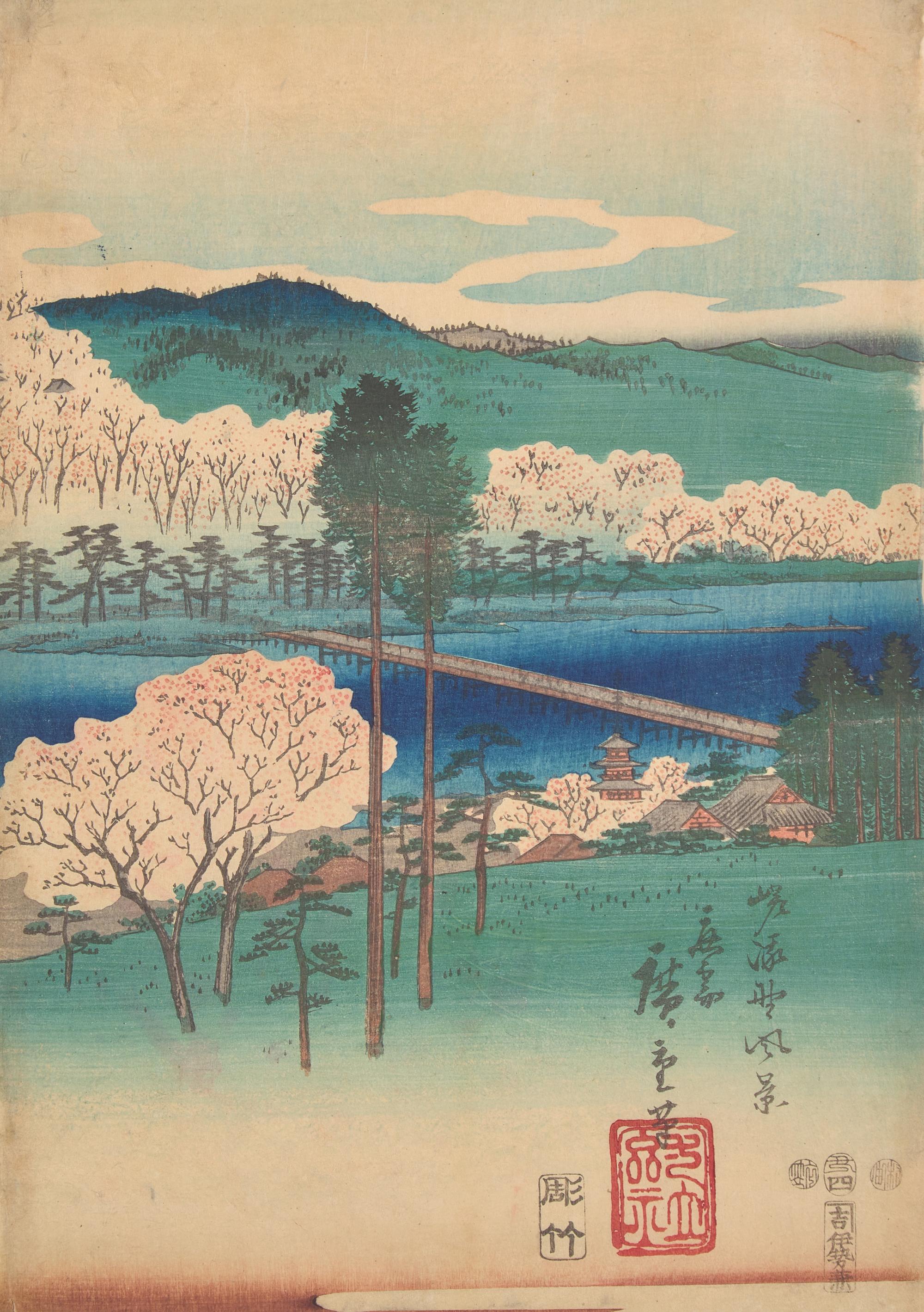 Three Japanese Woodblock Triptychs, including Hiroshige, Hiroshige II and Kunisada