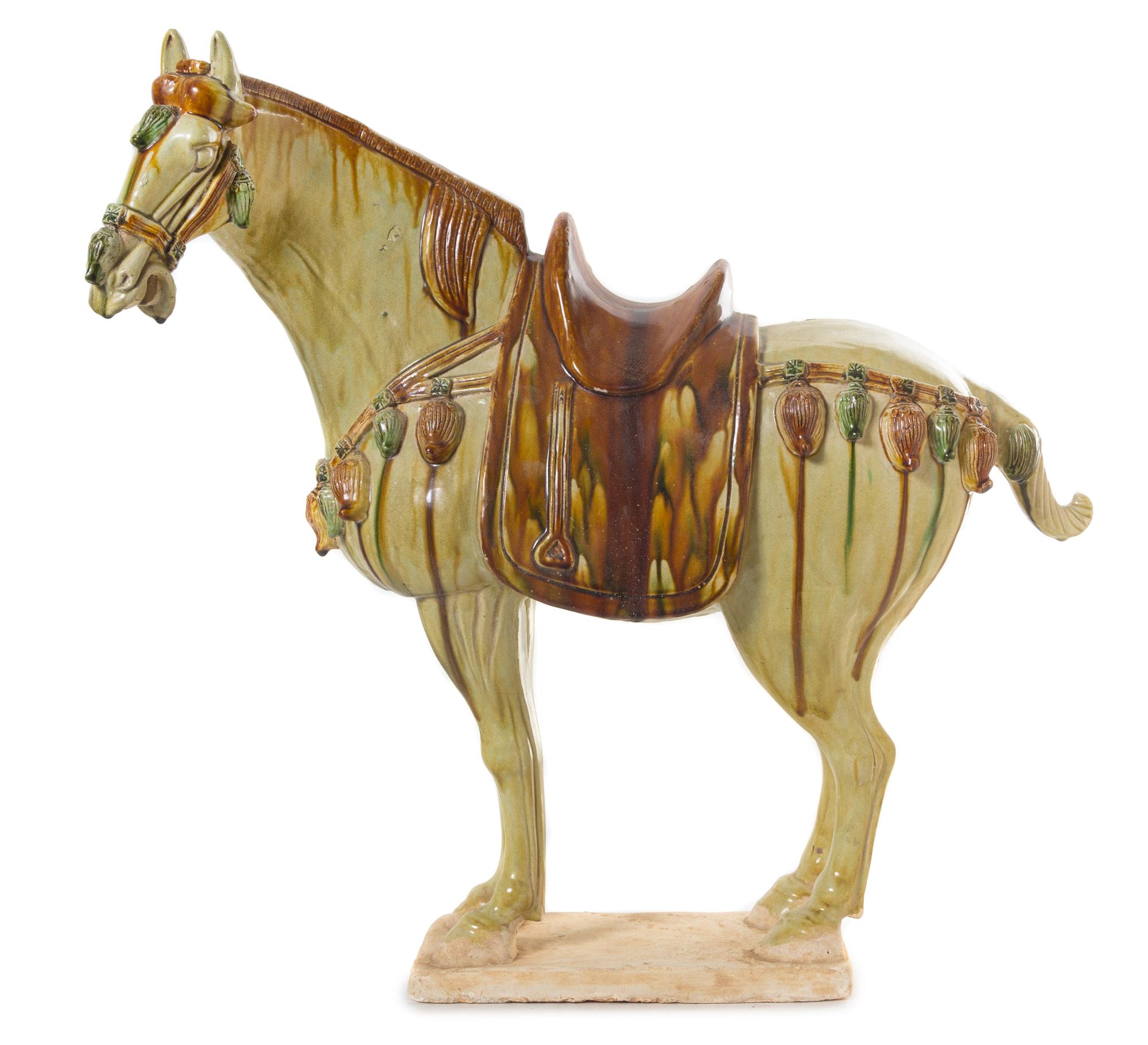 A Large Sancai Glazed Pottery Figure of a Horse Height 24 3/4 inches. — TANG DYNASTY STYLE