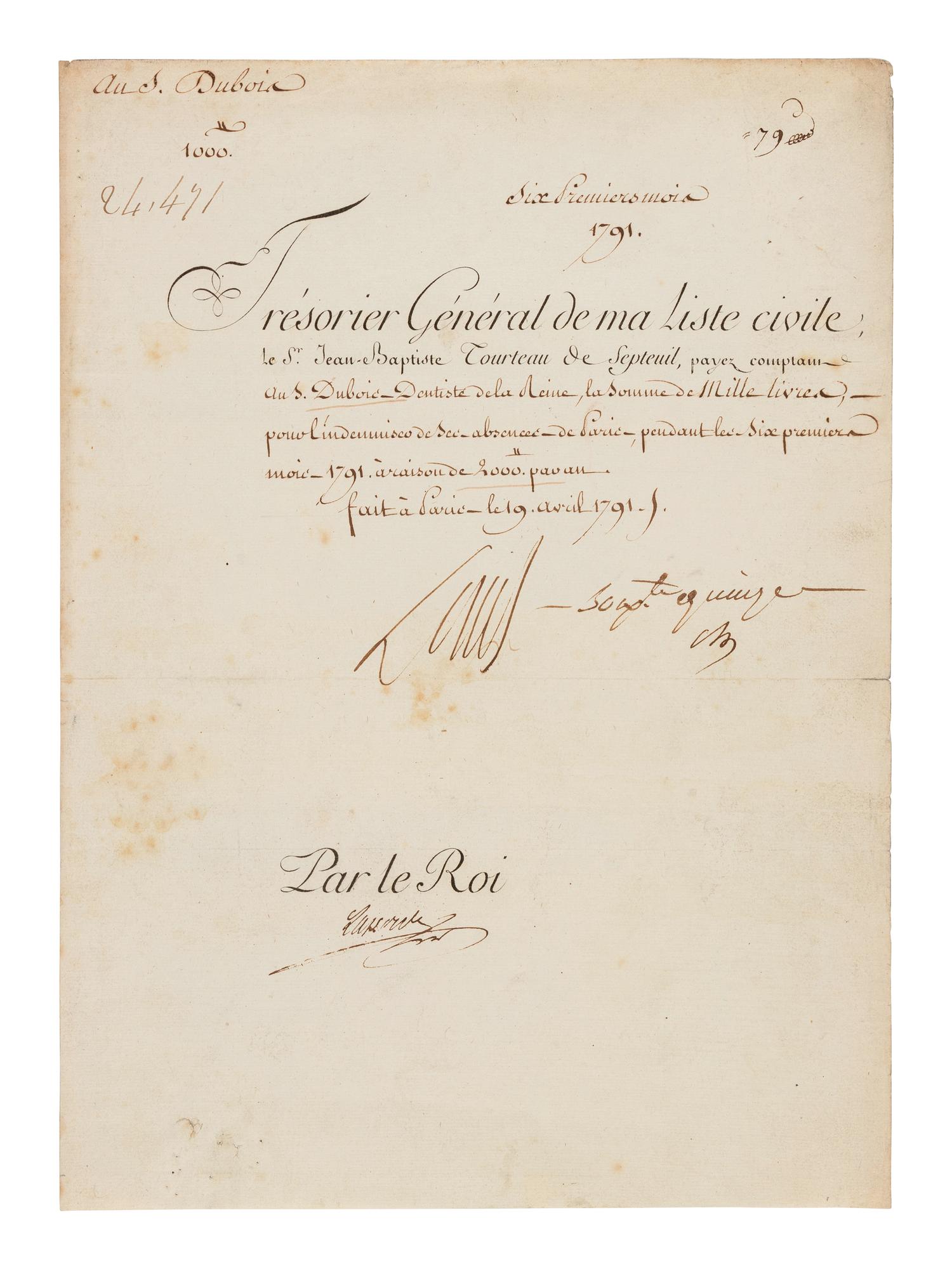 LOUIS XVI, King of France (1754-1793). Partly printed document signed ("Louis"), 19 April 1791. Countersigned by an unidentified administrator.