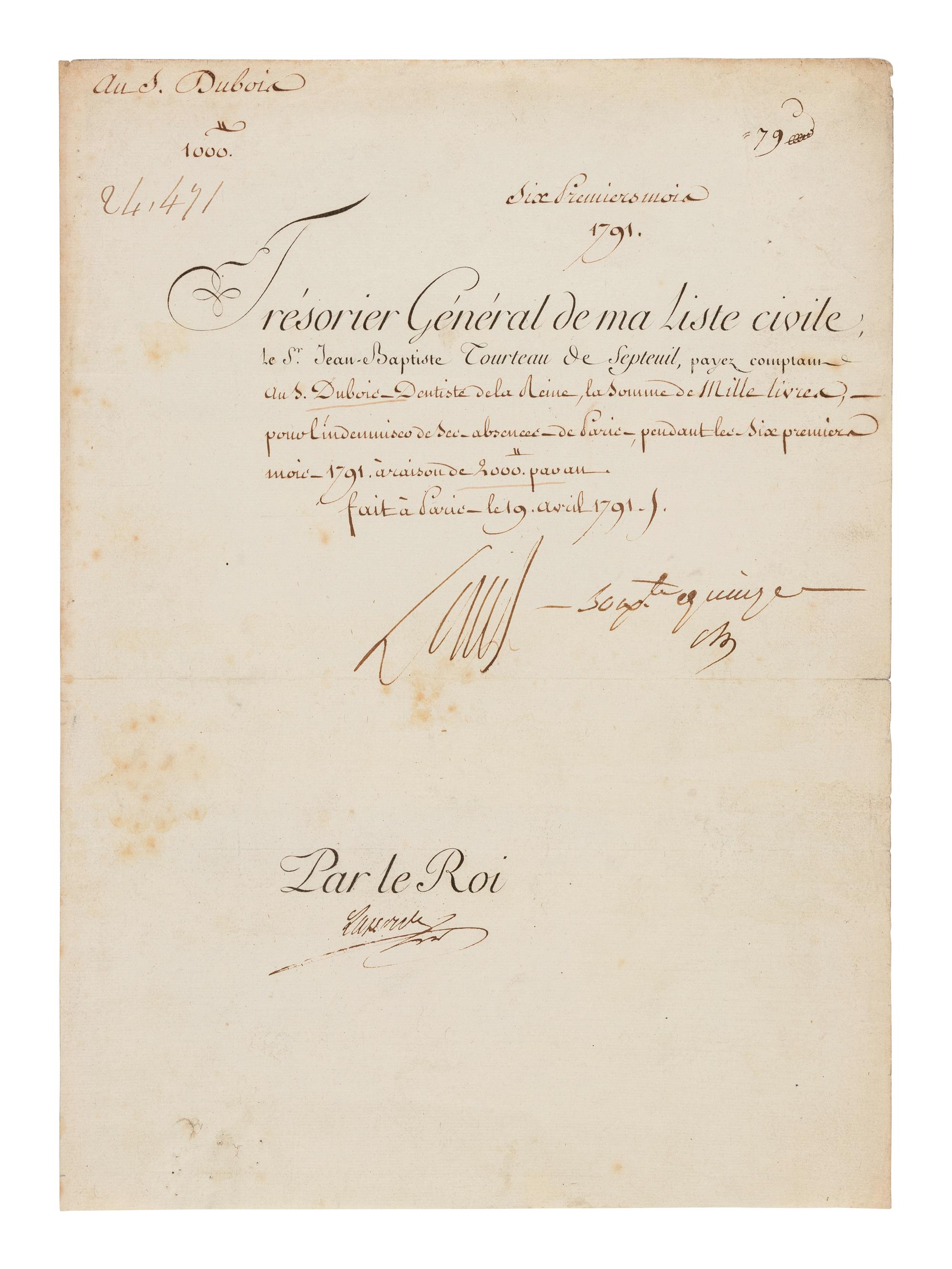 LOUIS XVI, King of France (1754-1793). Partly printed document signed ("Louis"), 19 April 1791. Countersigned by an unidentified administrator.