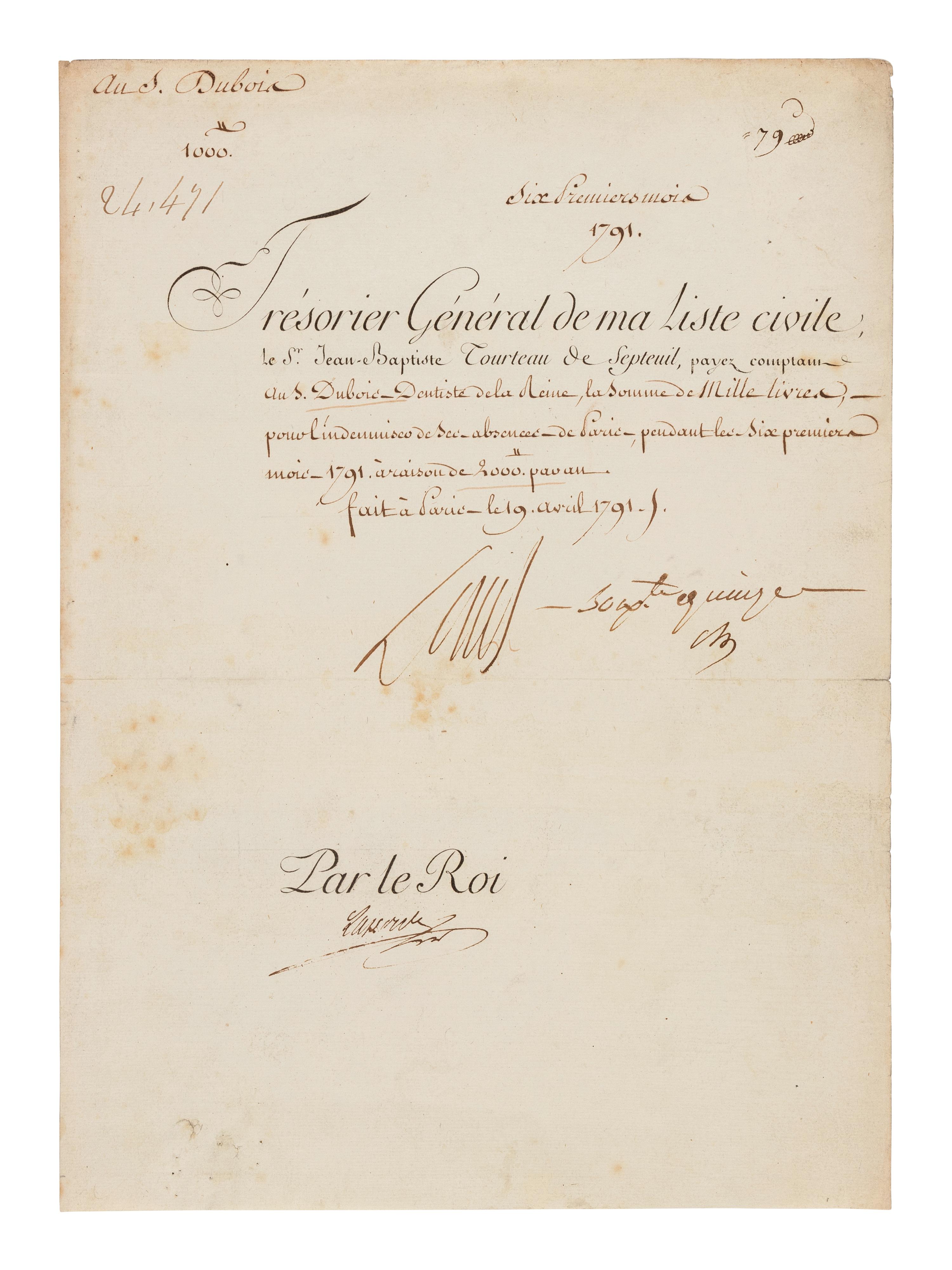 LOUIS XVI, King of France (1754-1793). Partly printed document signed ("Louis"), 19 April 1791. Countersigned by an unidentified administrator.