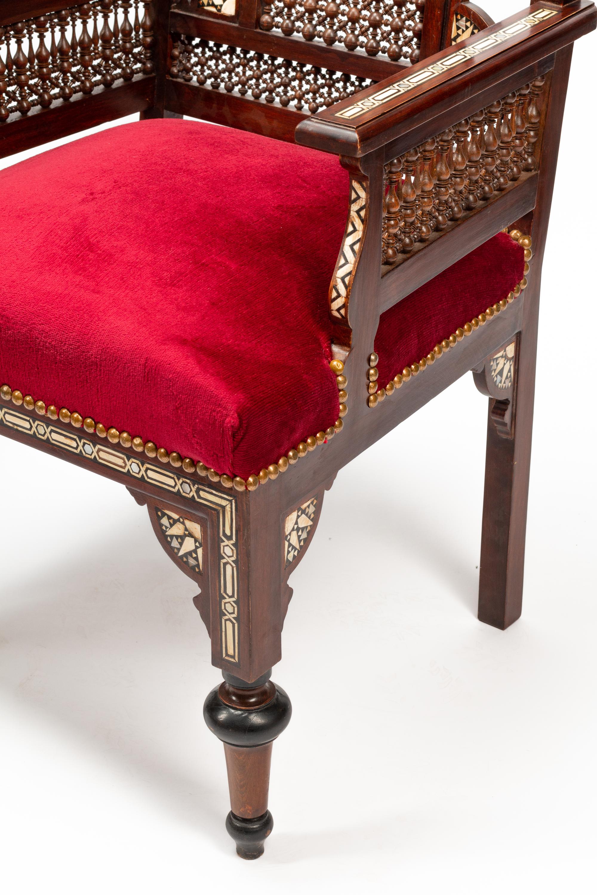 A Set of Four Moorish Style Bone and Mother-of-Pearl Inlaid Armchairs