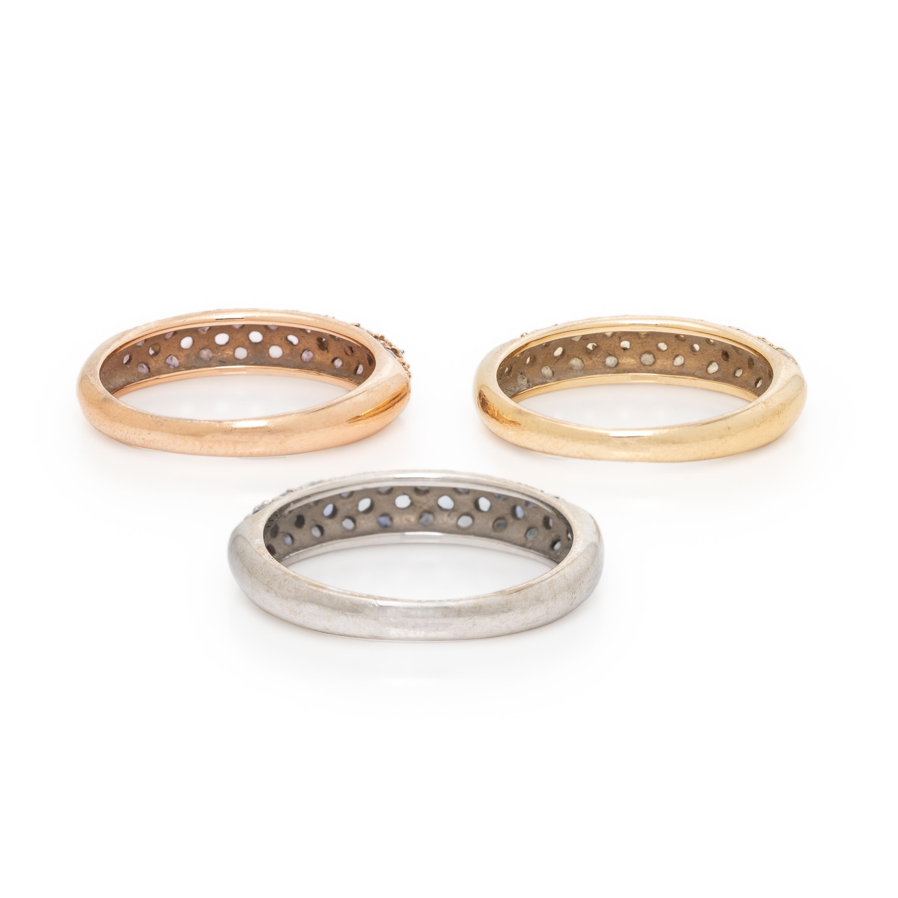 Three Multicolor Sapphire and Tricolor Gold Stacking Rings