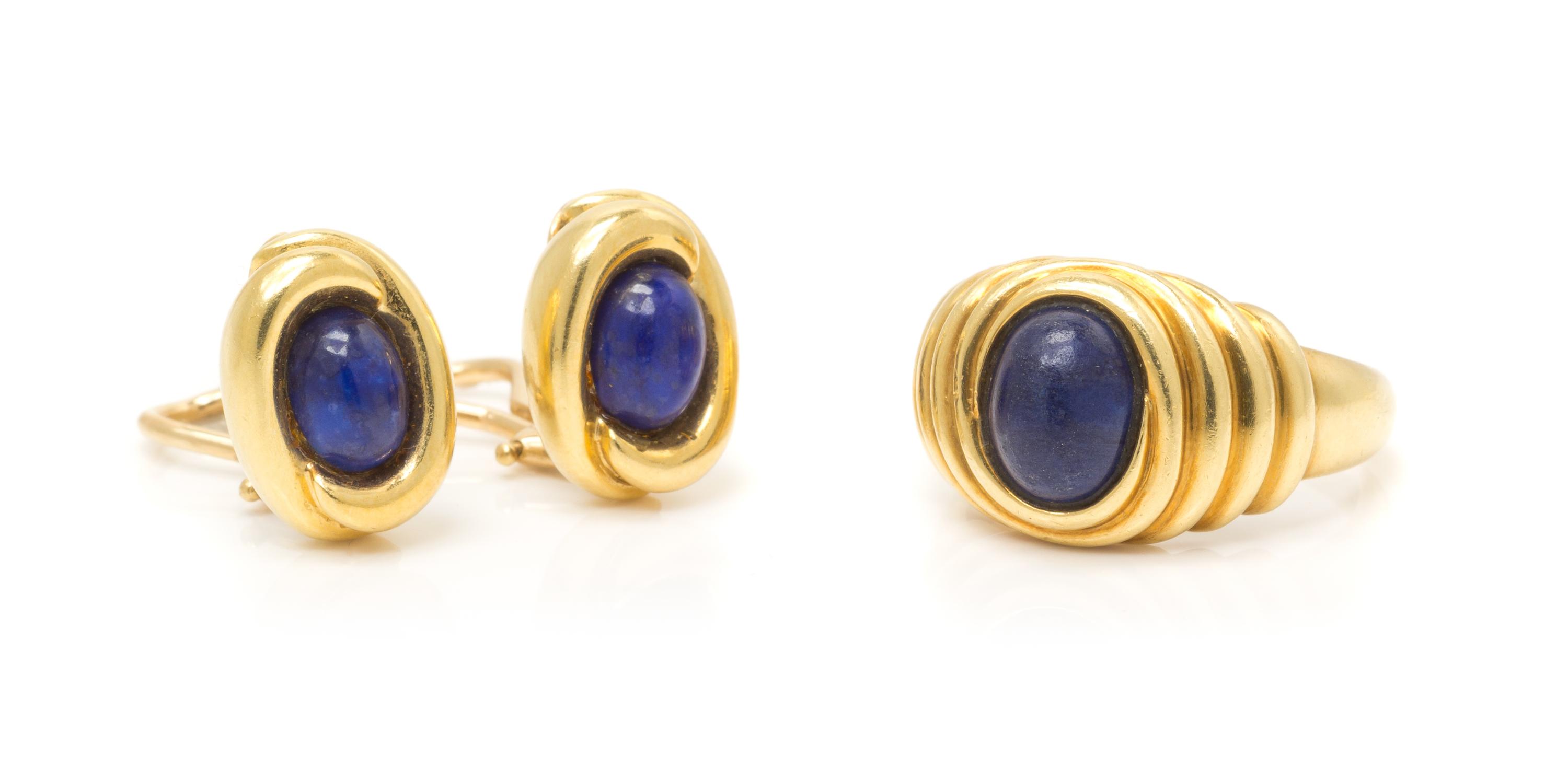 A Yellow Gold and Lapis Lazuli Demi Parure, 10.20 dwts.