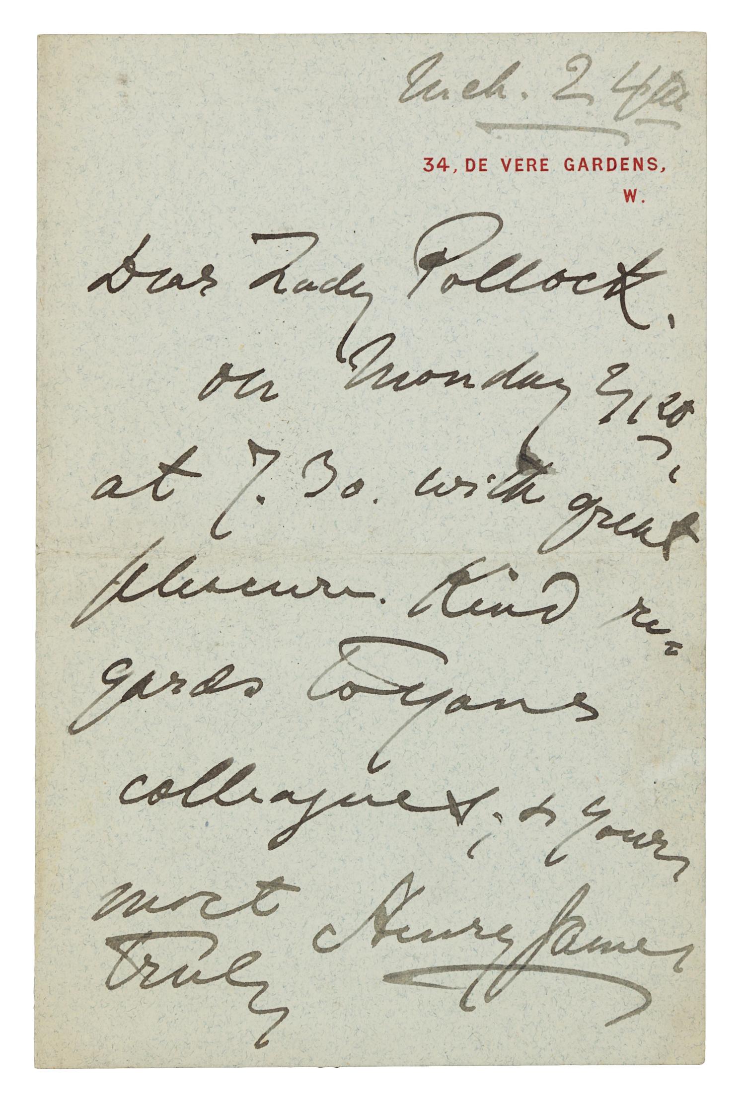 JAMES, Henry (1843-1916). Autograph letter signed ("Henry James"), to Lady Pollock. London, 24 March [no year].