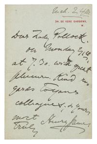 JAMES, Henry (1843-1916). Autograph letter signed ("Henry James"), to Lady Pollock. London, 24 March [no year].