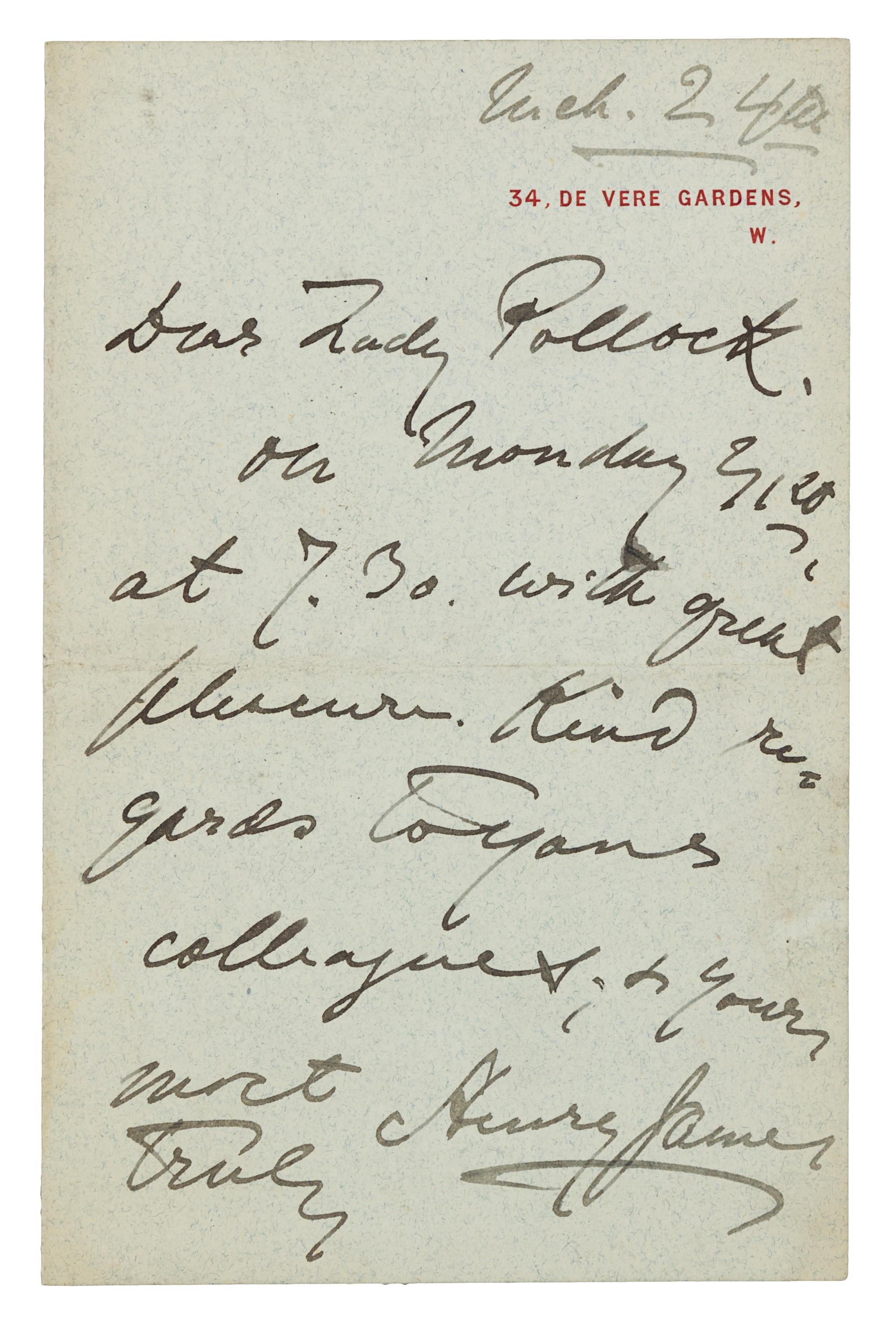 JAMES, Henry (1843-1916). Autograph letter signed ("Henry James"), to Lady Pollock. London, 24 March [no year].