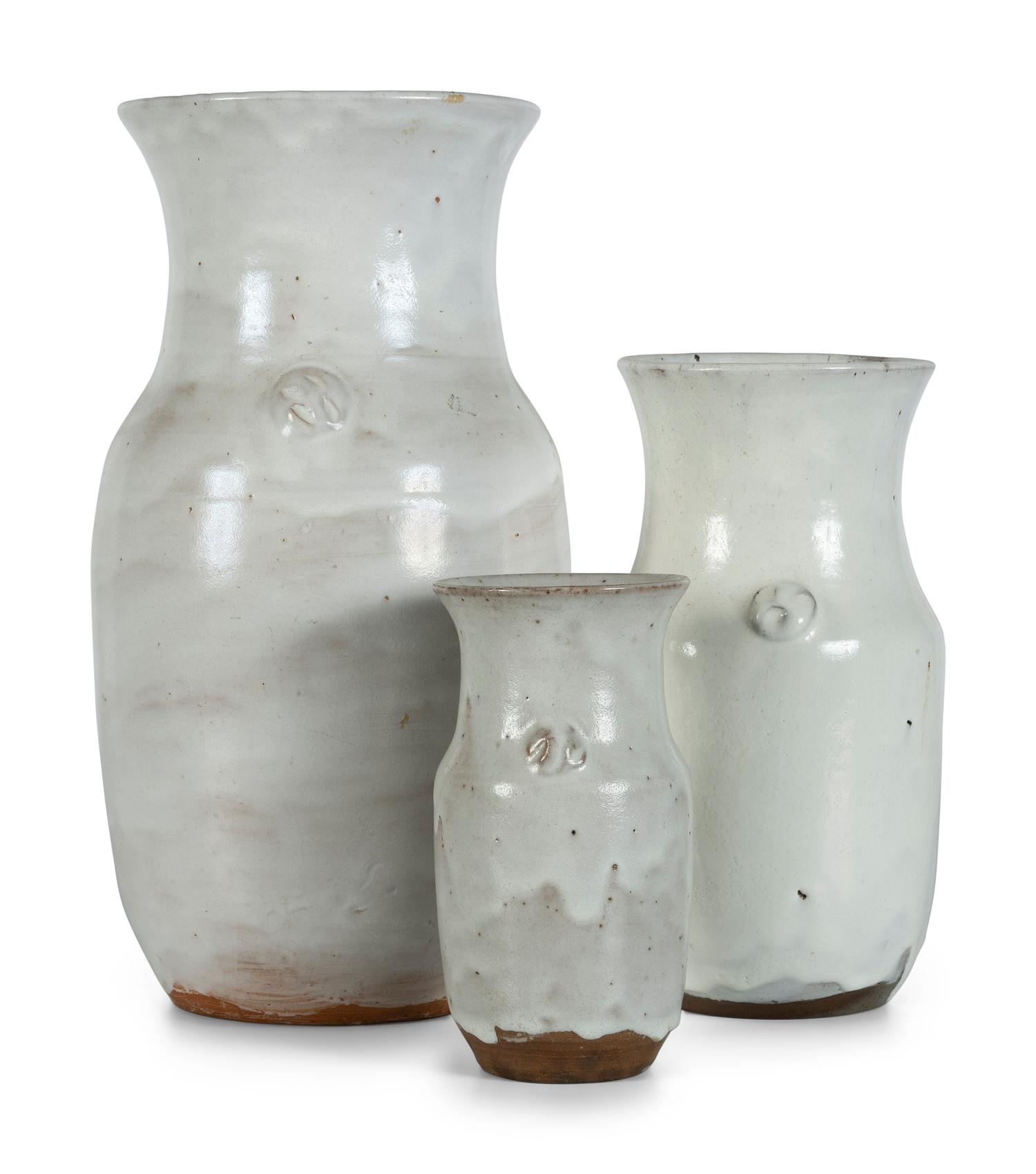 Three Jugtown Pottery White Dogwood Vases