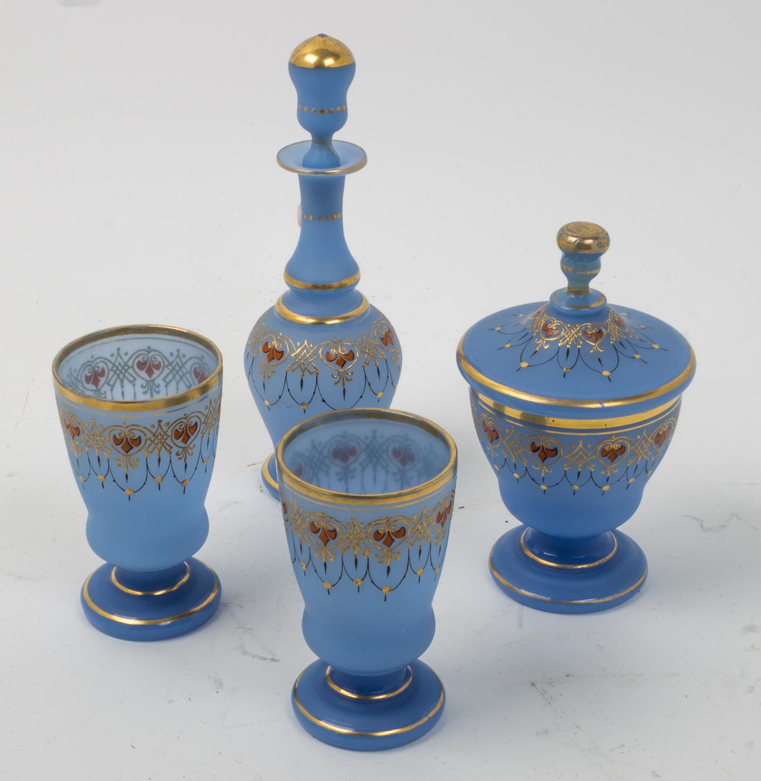 Four Enameled Opaline Glass Table Articles Height of decanter 9 3/4 inches. — 20TH CENTURY