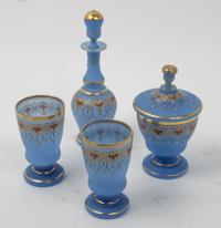 Four Enameled Opaline Glass Table Articles Height of decanter 9 3/4 inches. — 20TH CENTURY