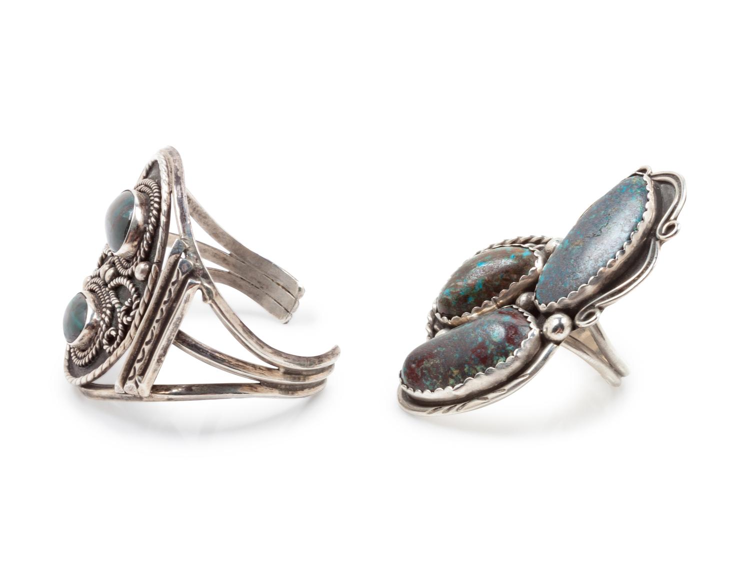 Silver bracelet with smokey Bisbee Turquoise, together with silver and turquoise ring