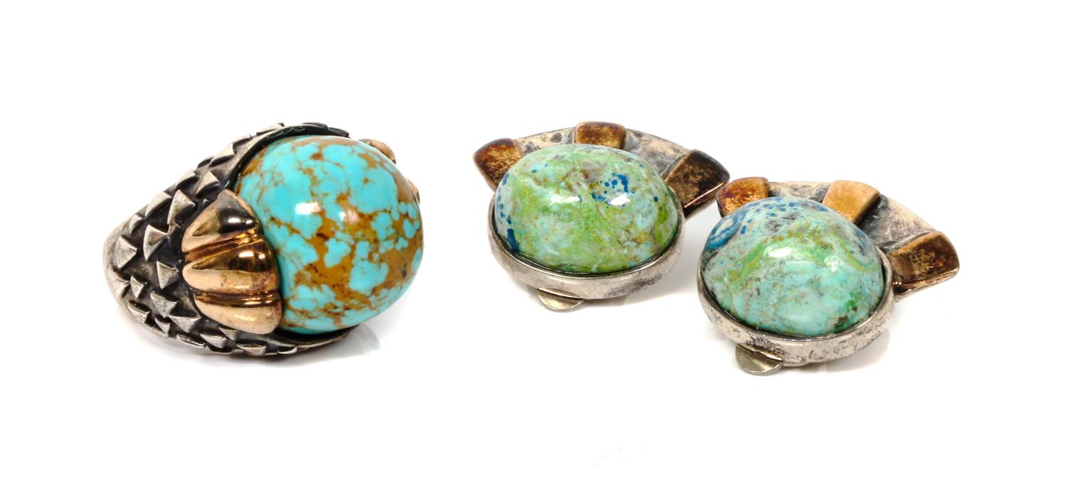 A Southwest Style Sterling and 14 Karat Yellow Gold Earclip and Ring Set