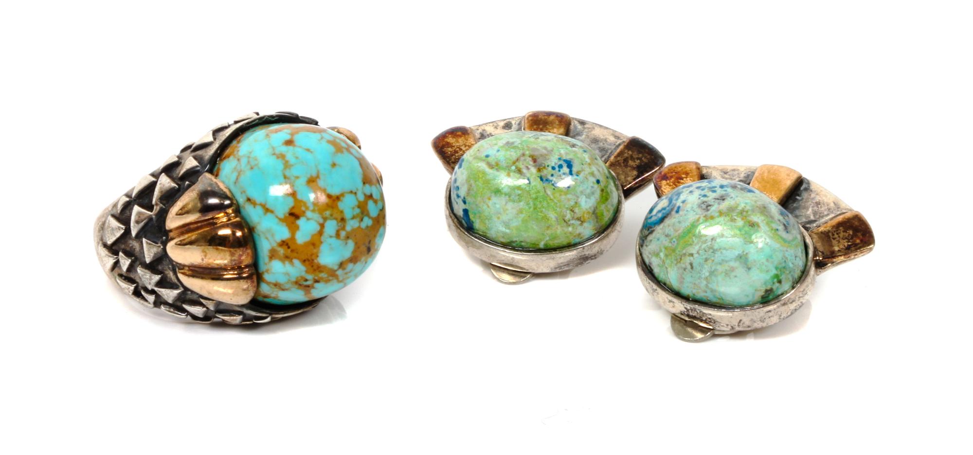 A Southwest Style Sterling and 14 Karat Yellow Gold Earclip and Ring Set