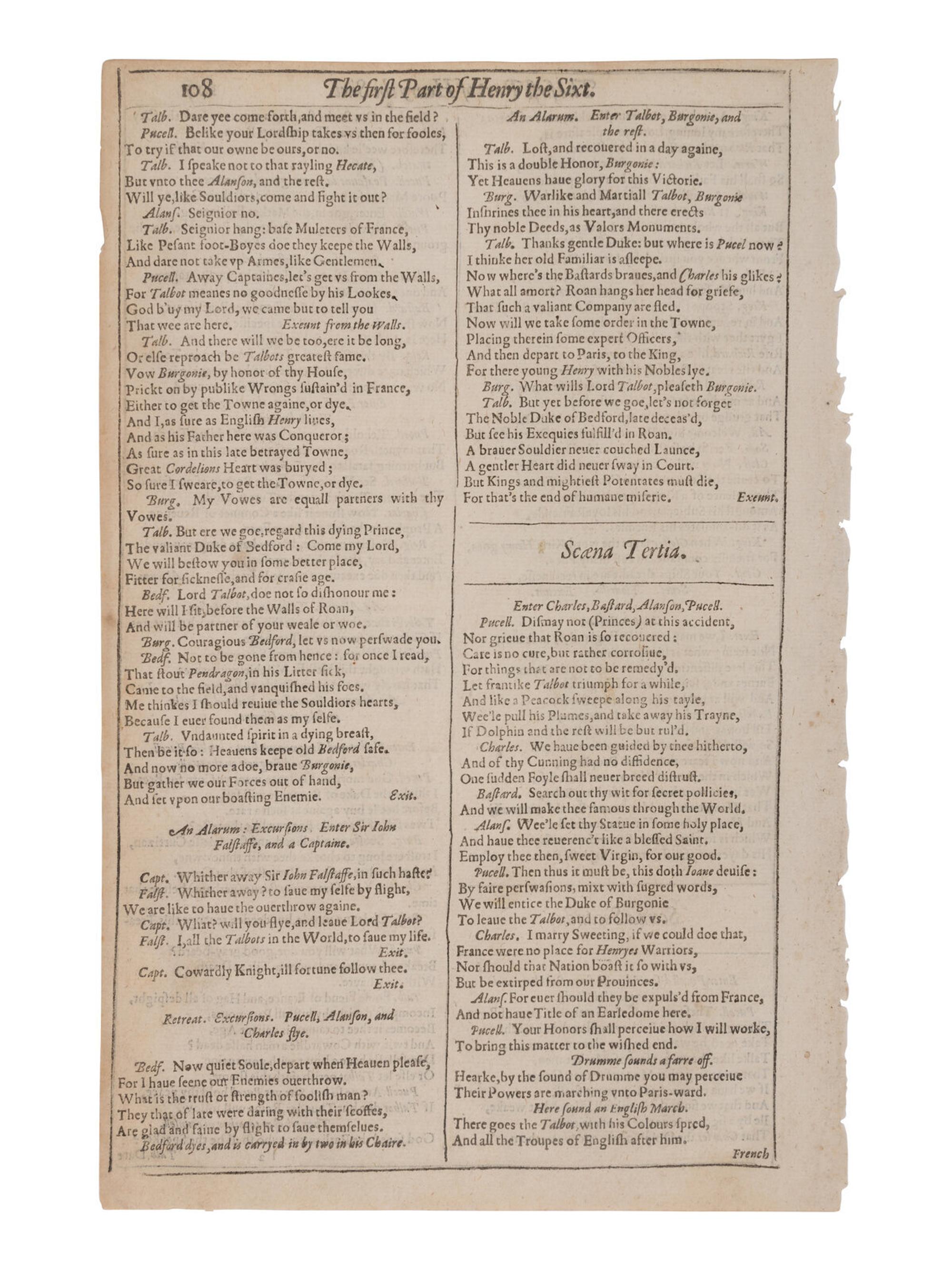 SHAKESPEARE, William (1564-1616). "The First Part of Henry the Sixt, with the death of the Duke of Yorke." [Extracted from: THE FIRST FOLIO ]. [London: Printed by Isaac Jaggard, and Ed. Blount…, 1623].