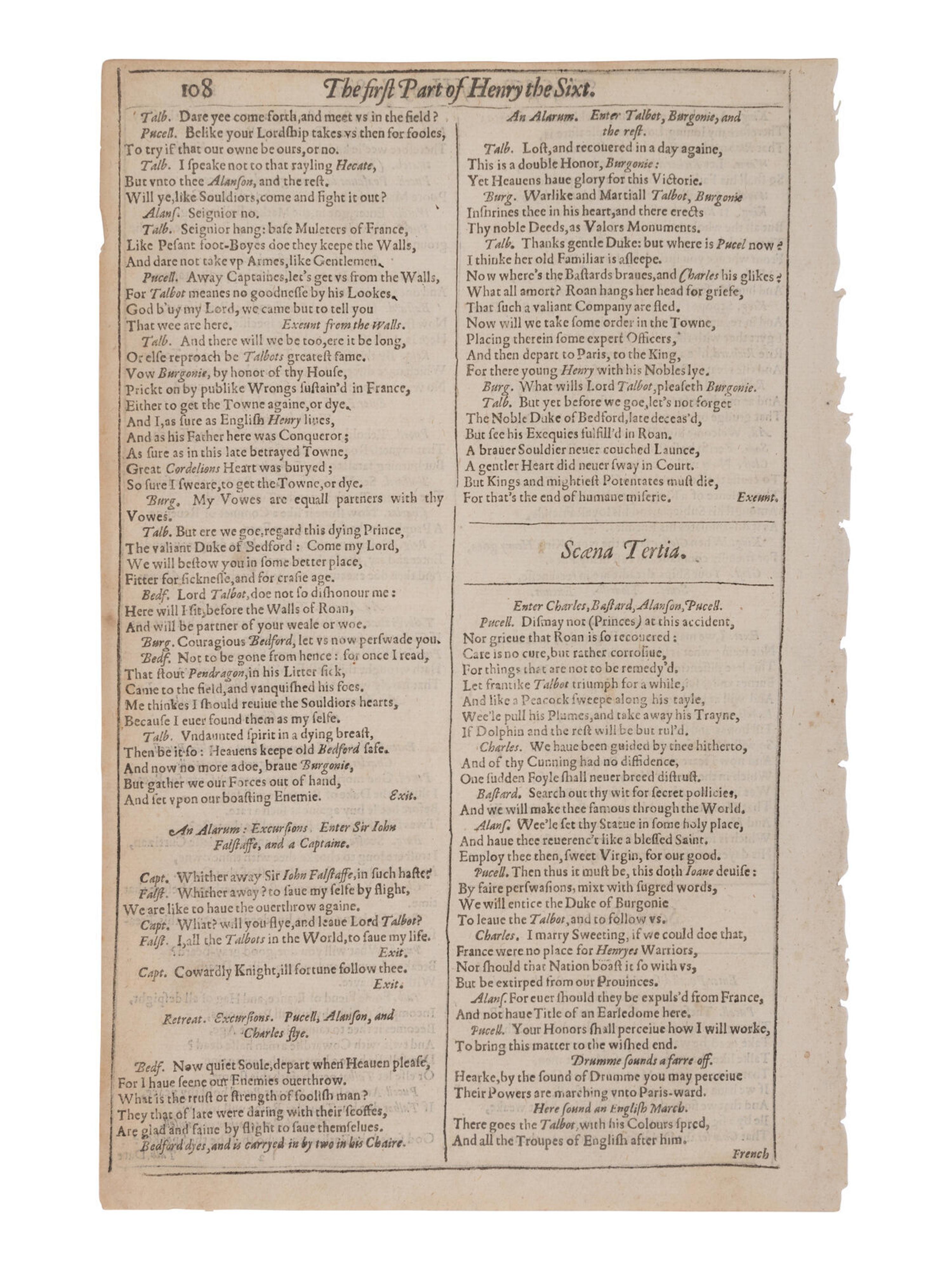 SHAKESPEARE, William (1564-1616). "The First Part of Henry the Sixt, with the death of the Duke of Yorke." [Extracted from: THE FIRST FOLIO ]. [London: Printed by Isaac Jaggard, and Ed. Blount…, 1623].