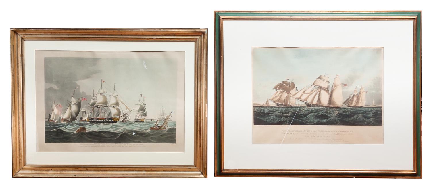 Two English Handcolored Nautical Engravings, Height of taller 16 1/2 x width 24 inches.