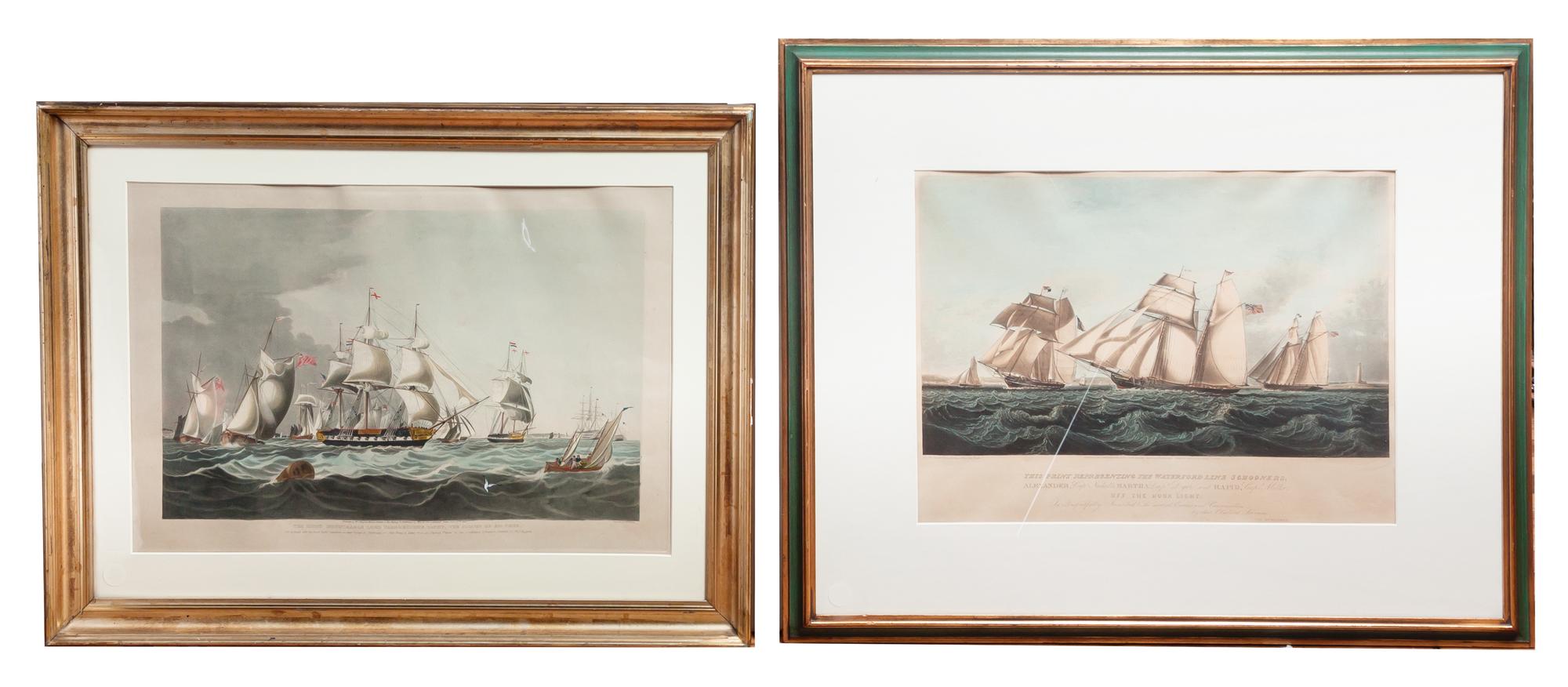 Two English Handcolored Nautical Engravings, Height of taller 16 1/2 x width 24 inches.