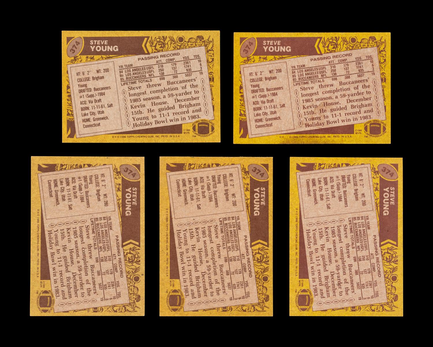 A Group of Five 1986 Topps Steve Young Rookie Football Cards No. 374