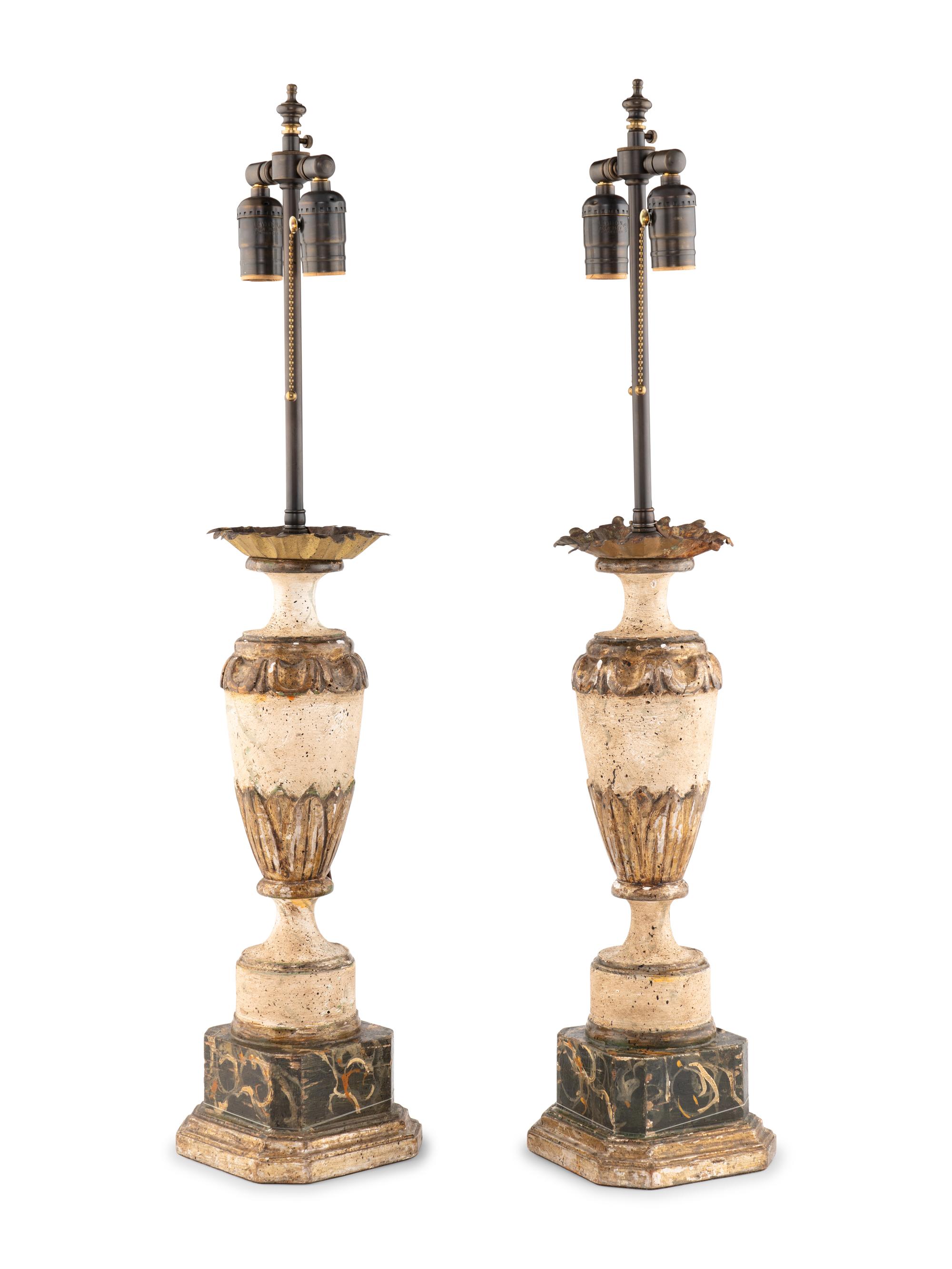 A Pair of Louis XVI Style Distressed Urn Table Lamps